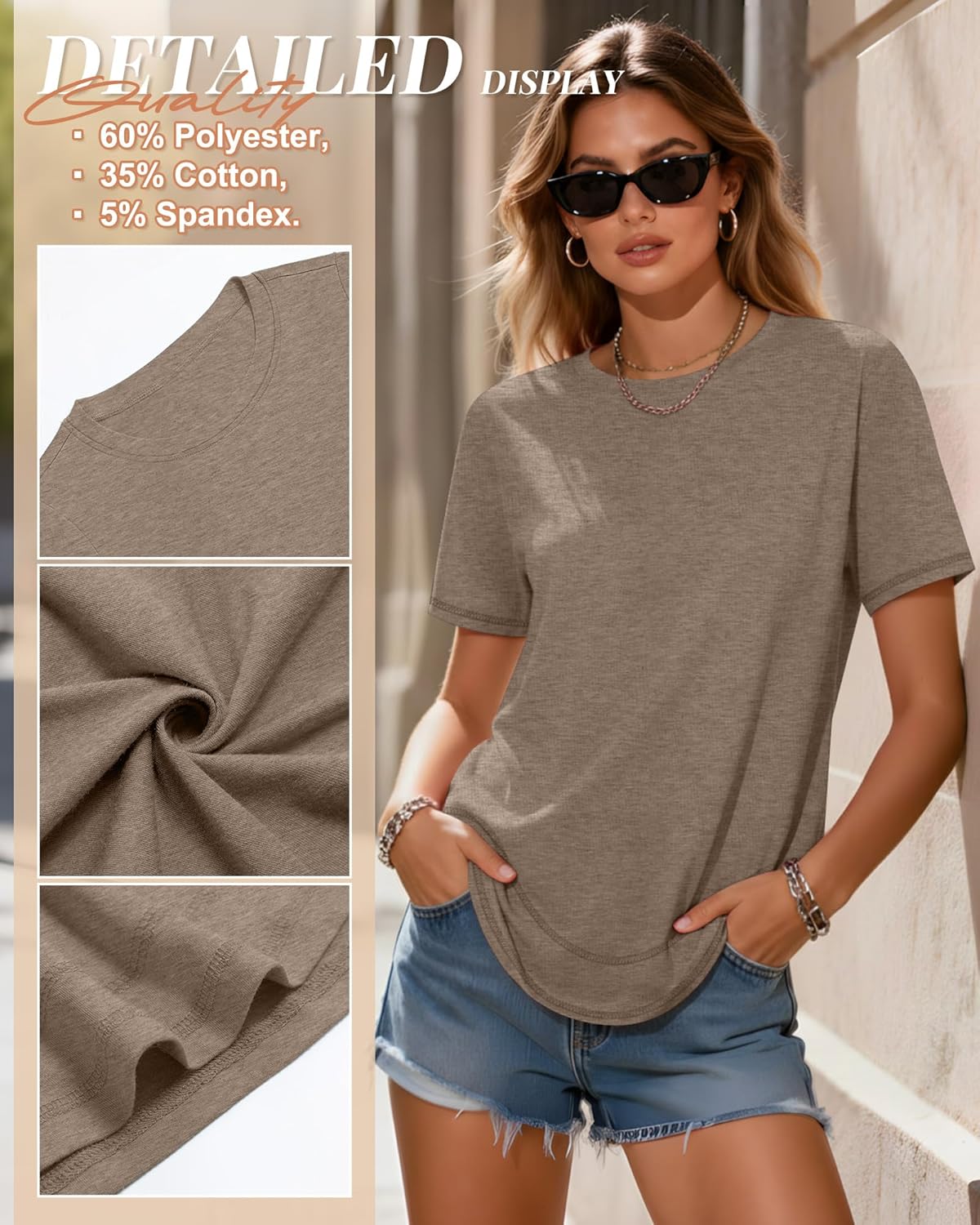 Ficerd 3 Pack Women's Short Sleeve T-Shirts, Loose Fit Crew Neck Tunic Tops Casual Solid Basic Tee Shirts Curved Hem Blouses - Image 5