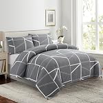 Marina Decoration Home Decor Bedding Ensemble Cooling Bedsheet Soft Deep Pocket 4 Piece Rayon from Bamboo Printed Fitted Sheet Duvet Cover Set with Corner Tie, Modern Grey Geometric Pattern King Size