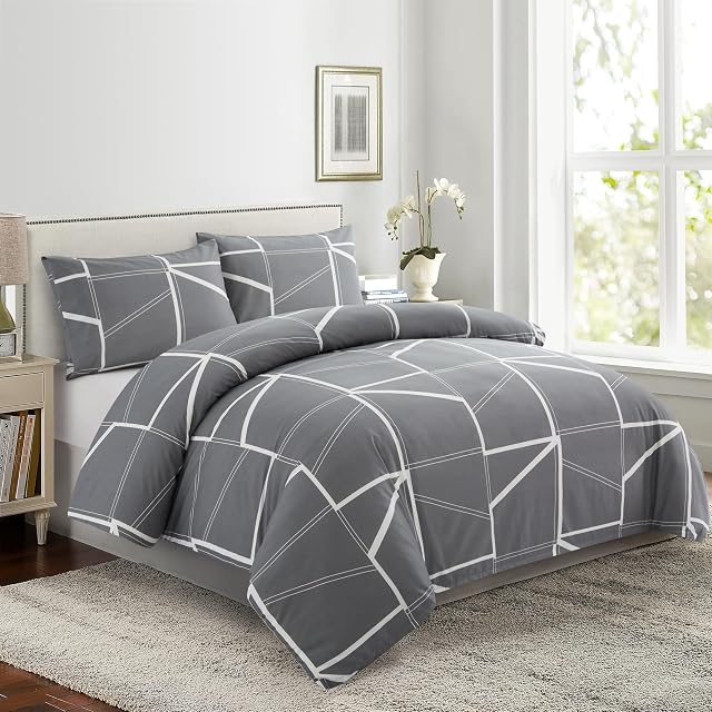 Marina Decoration Home Decor Bedding Ensemble Cooling Bedsheet Soft Deep Pocket 4 Piece Rayon from Bamboo Printed Fitted Sheet Duvet Cover Set with Corner Tie, Modern Grey Geometric Pattern King Size
