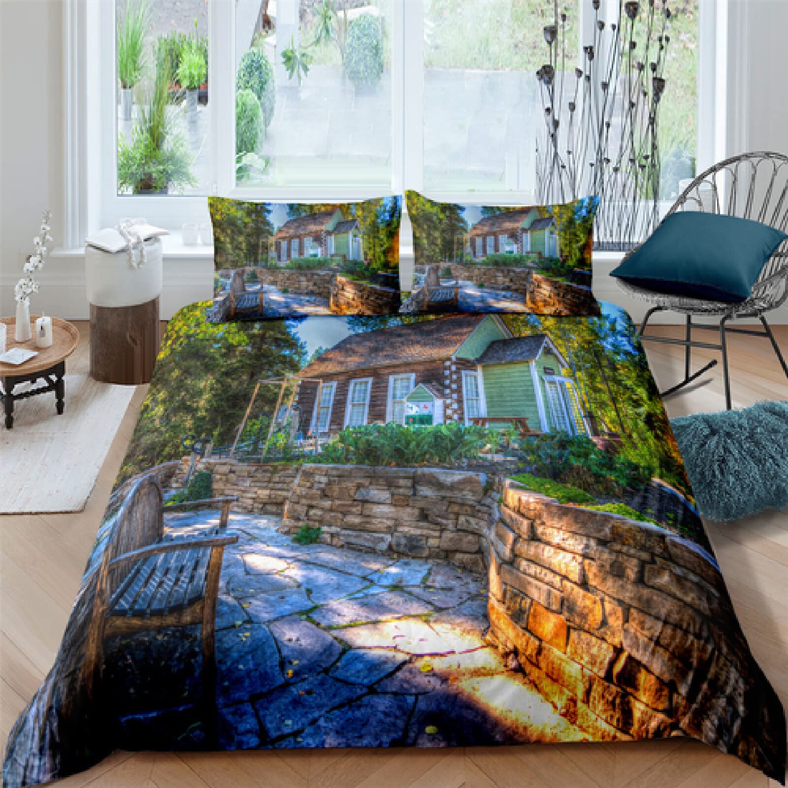 Zestawy kołder Super King Green House 110 g/m² pościel z mikrofibry i lniana poszewka na kołdrę + 2 poszewki na poduszki 45 cm x 70 cm, odpowiednie dla dorosłych i dzieci zestaw do łóżka