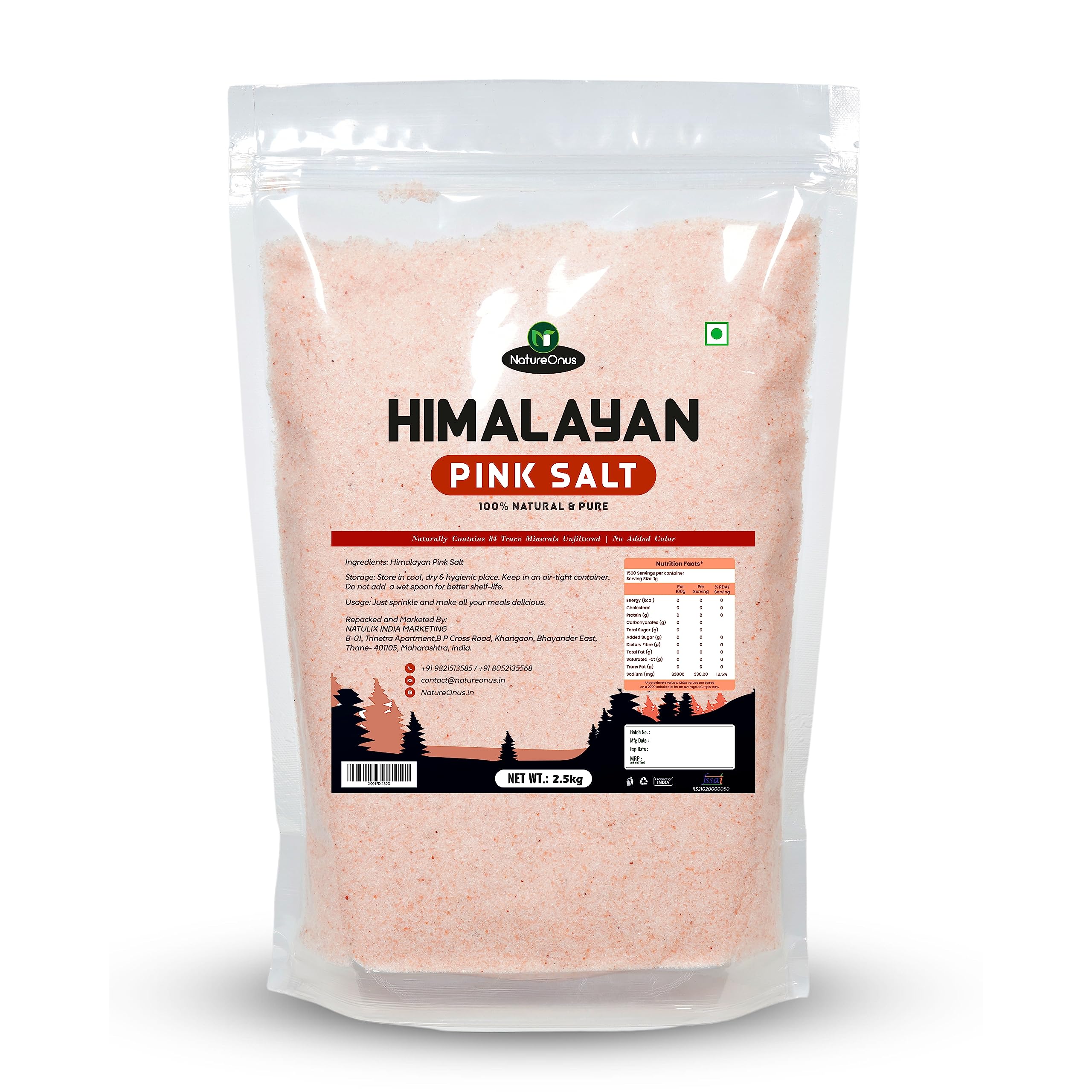 NatureOnus Himalayan Pink Rock Salt | Nutrients and Minerals Rich | Gourmet Grade from Himalayas | No Additives, Unrefined | Natural Substitute of Iodised (2.5kg (Super Saver Pack)) (B0C3VM6KR5) Amazon Price History, Amazon Price Tracker
