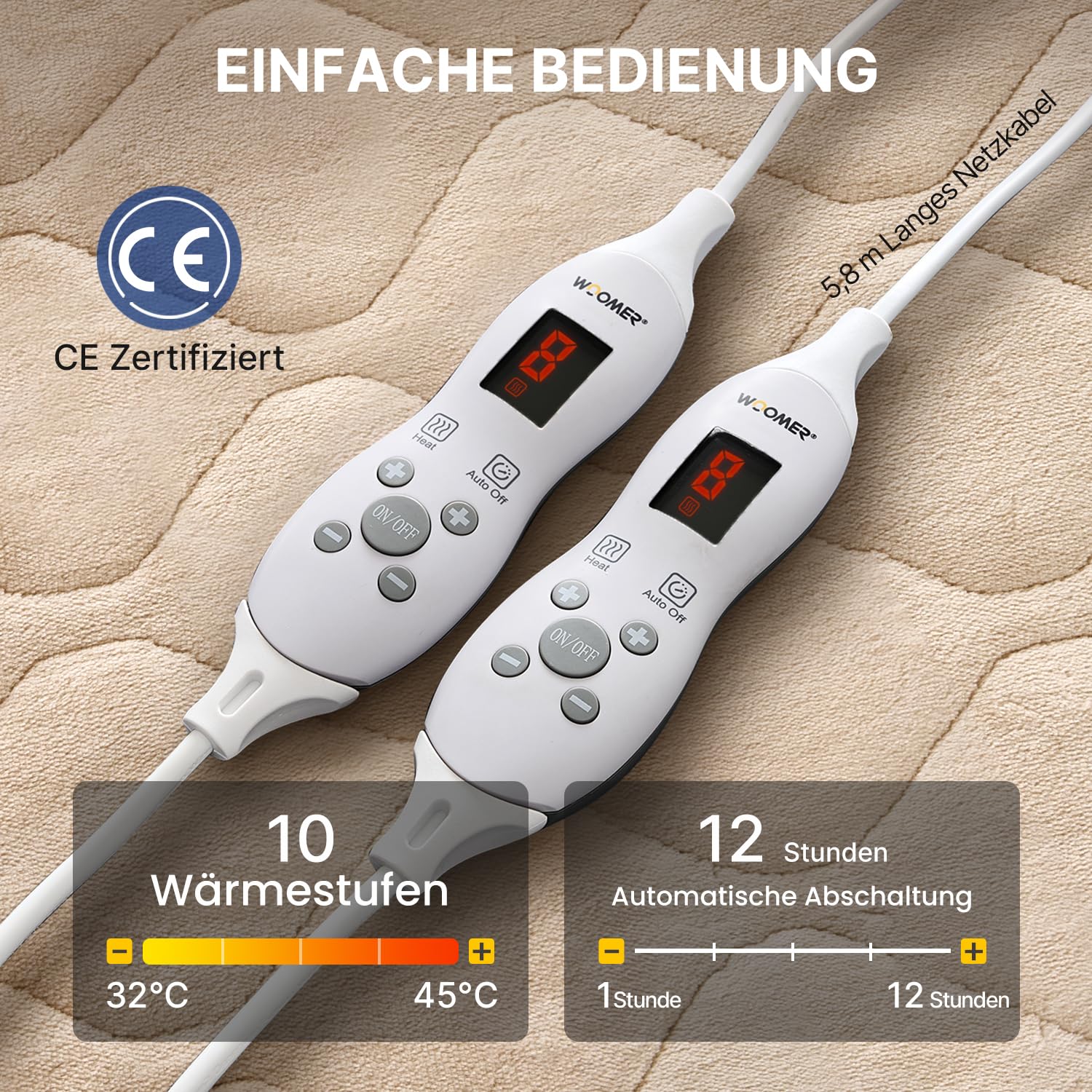 WOOMER Elektrische Wärmeunterbett mit Abschaltautomatik,200GSM/Samt Heizdecke mit 12h-Timer, 10-Stufen, Überhitzungsschutz, 5,8m Kabel, Für Matratzen bis 45cm / Waschbar/Hellbraun/135×190cm