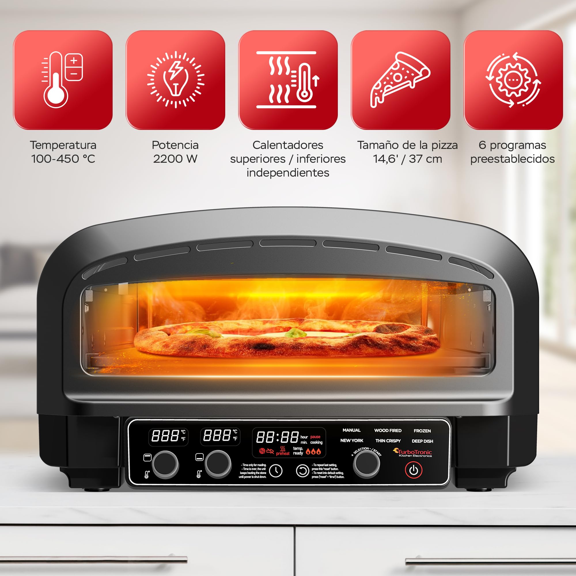 TurboTronic Horno Eléctrico para Pizza 2200W, hasta 450 °C, para Pizzas de 37 cm (14,6"), con Piedra para Pizza, Uso Interior y Exterior, Ideal para Casa, Jardín, Cocina