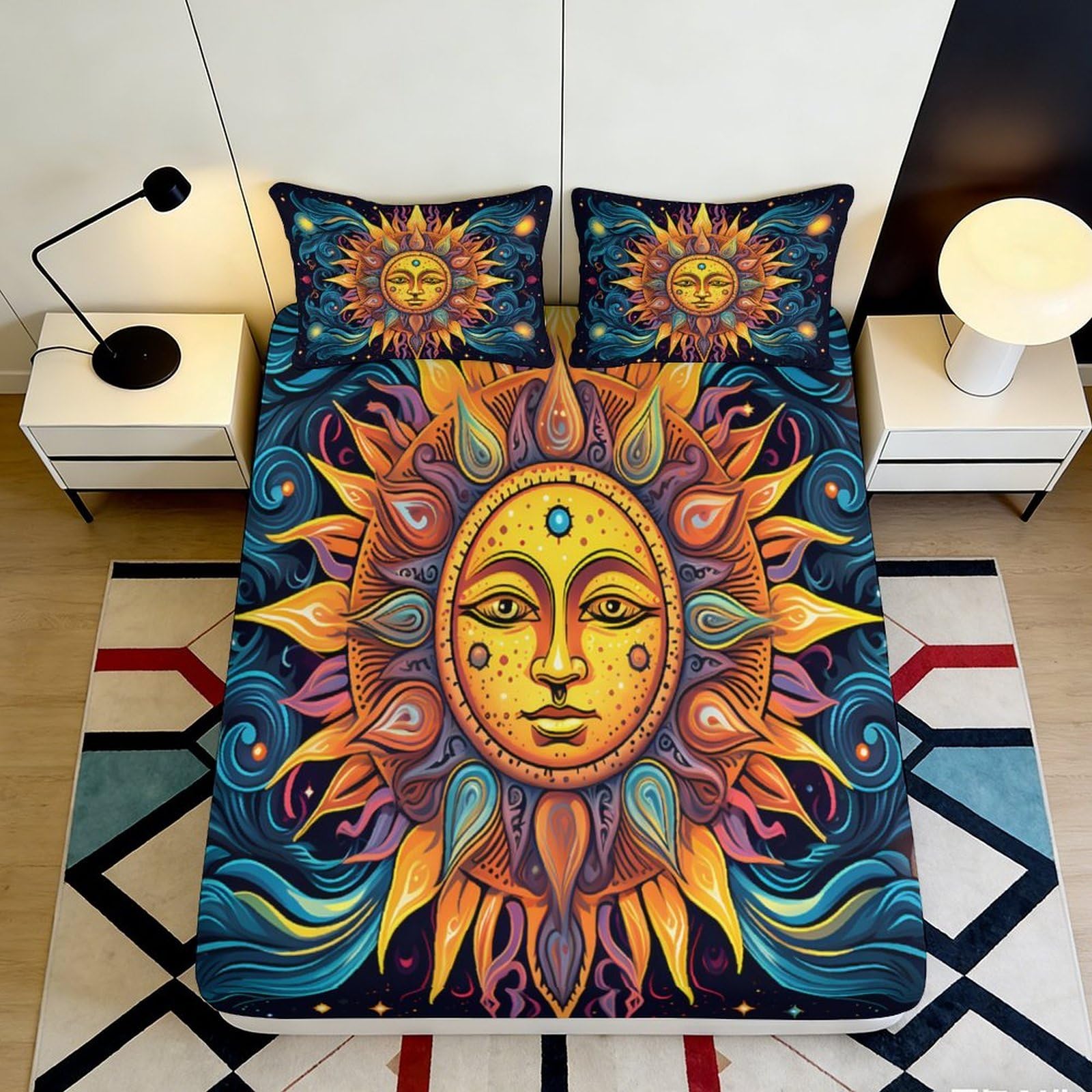 3D Printed Sun Mandala Fitted Sheet Microfiber Orange Blue Boho Mattress Cover Bedroom Dorm Decor Easy Care 90x200x25cm
