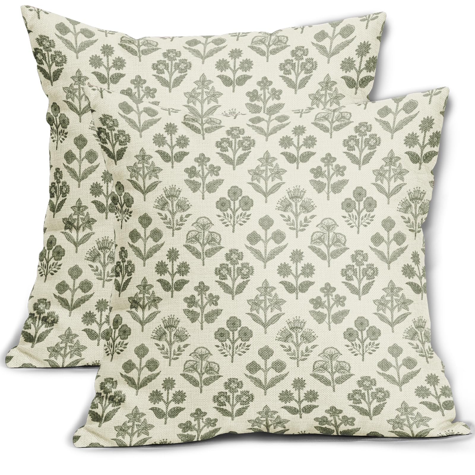 Sage Green Floral Pillow Covers 18x18 Inch Set of 2, Vintage Flower Block Print Pattern Decorative Throw Pillowcases Outdoor Farmhouse Cushion Covers