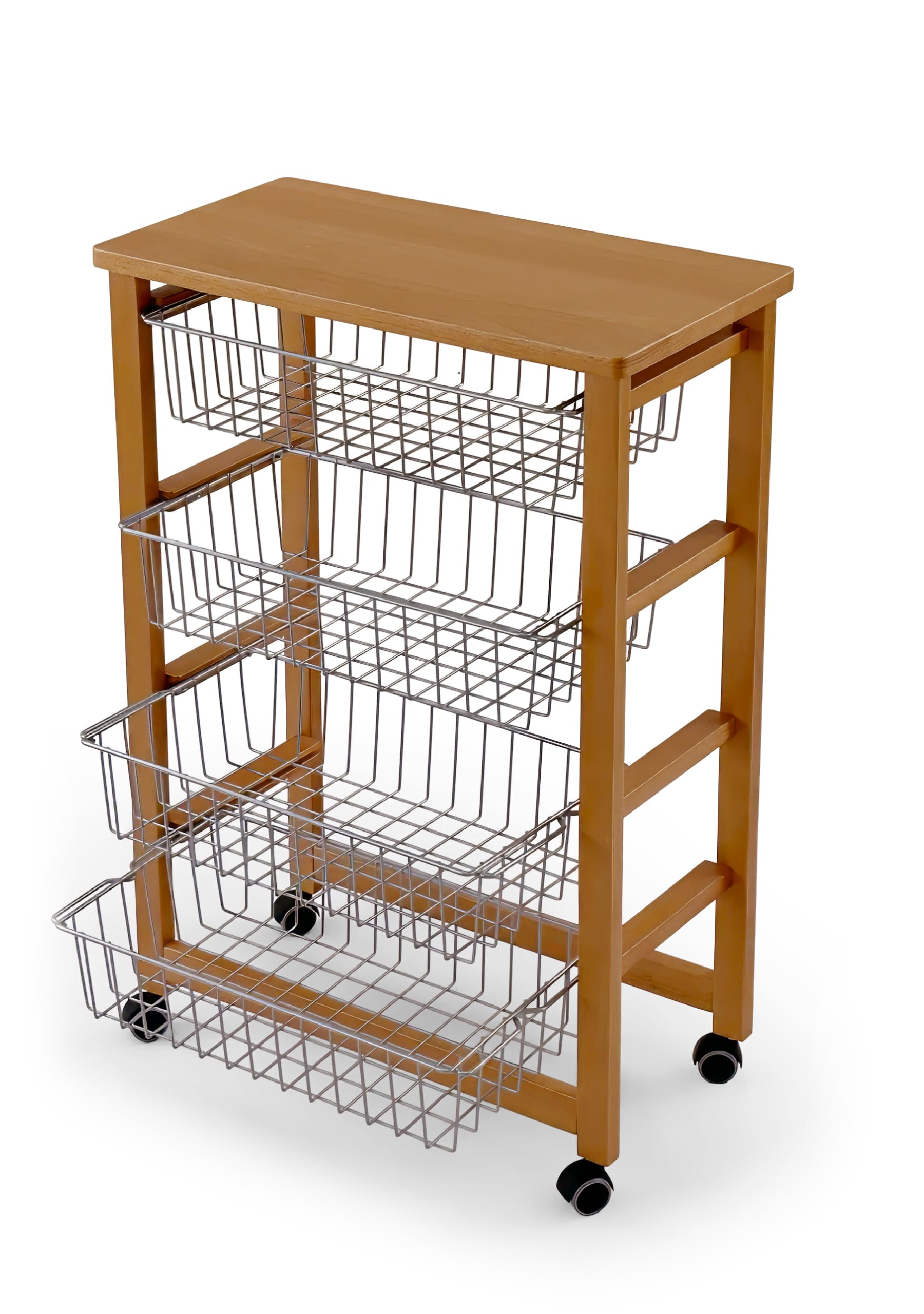 Arredamenti Italia Carrello da cucina MIKON, Carrello da cucina con piano di lavoro in faggio massiccio, 4 cestelli - Colore ciliegio