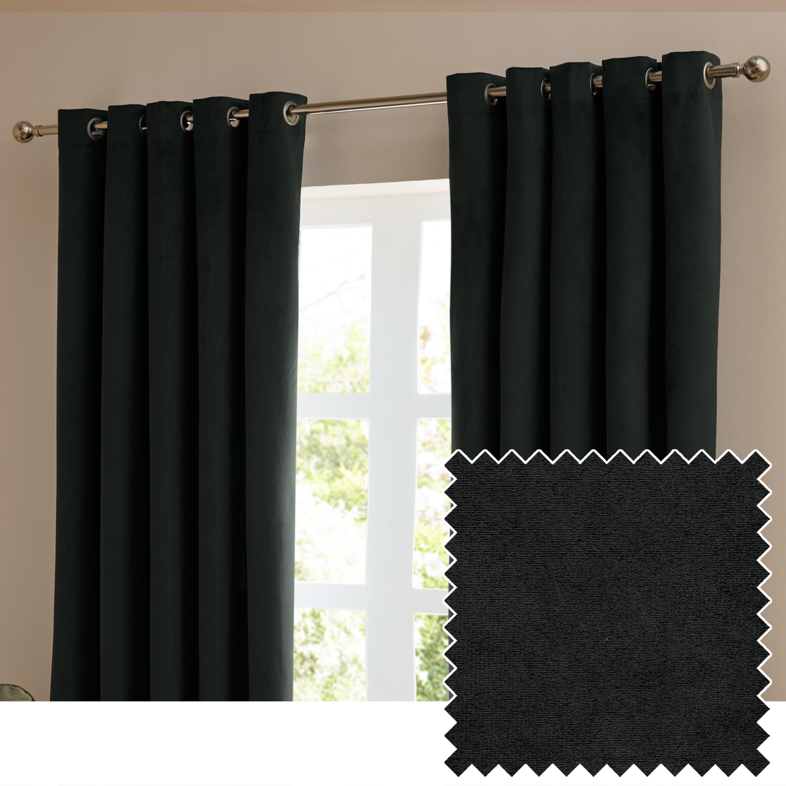 furn. The Ultimate Velvet Eyelet Curtain Pair – Soft Stylish Room Darkening Matte Velvet Drapes (Black - 117x137cm)