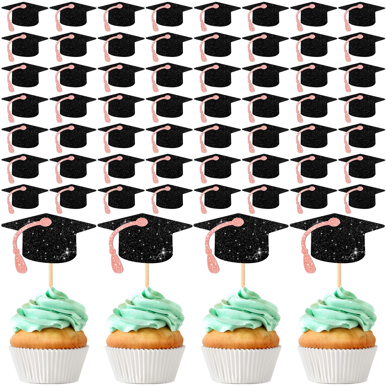 Leinuosen 100 Pcs 2026 Graduation Cap Cupcake Toppers Bulk Glitter Congrats Grad Cap Cupcake Picks with Tassels for Class of 2026 Graduate Party Cake