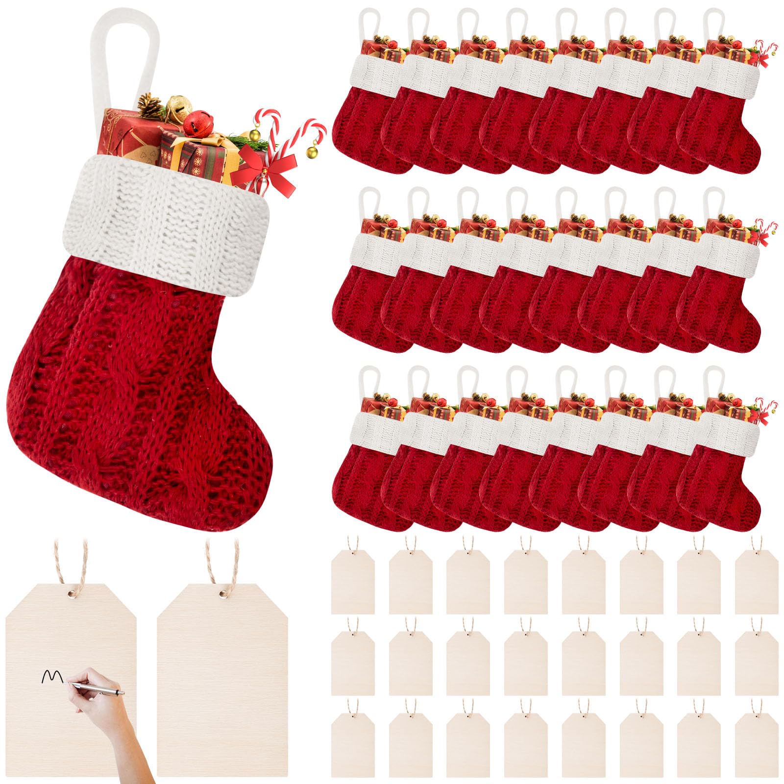 Photo 1 of 24 Pack Christmas Mini Stockings Mini Knit Christmas Stockings with Name Tags 3.94 Inch Little Xmas Stockings Bulk Hanging Knitted Classic Xmas Party Decor Small Christmas Tree Ornaments