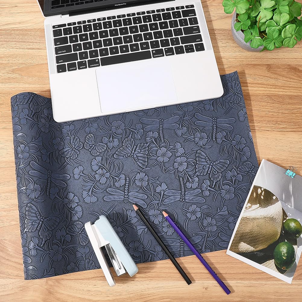 CALFOVERA 1.37×0.3M Blue Embossed PU Leather Sheets Textured Vintage Floral Pattern PU Leather Fabric Synthetic Material Leatherette Roll for DIY Earrings Upholstery Sewing Crafts Making - Image 3