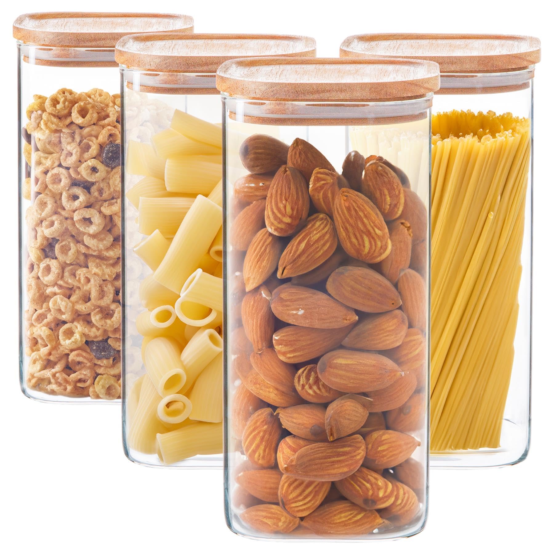 Argon Tableware Square Glass Storage Jars with Airtight Wooden Lids - 1500ml - 4 Pack - Modern Kitchen Container Preserving Jars for Pickling, Chutney, Jam, Coffee, Olives, Sugar, Spices