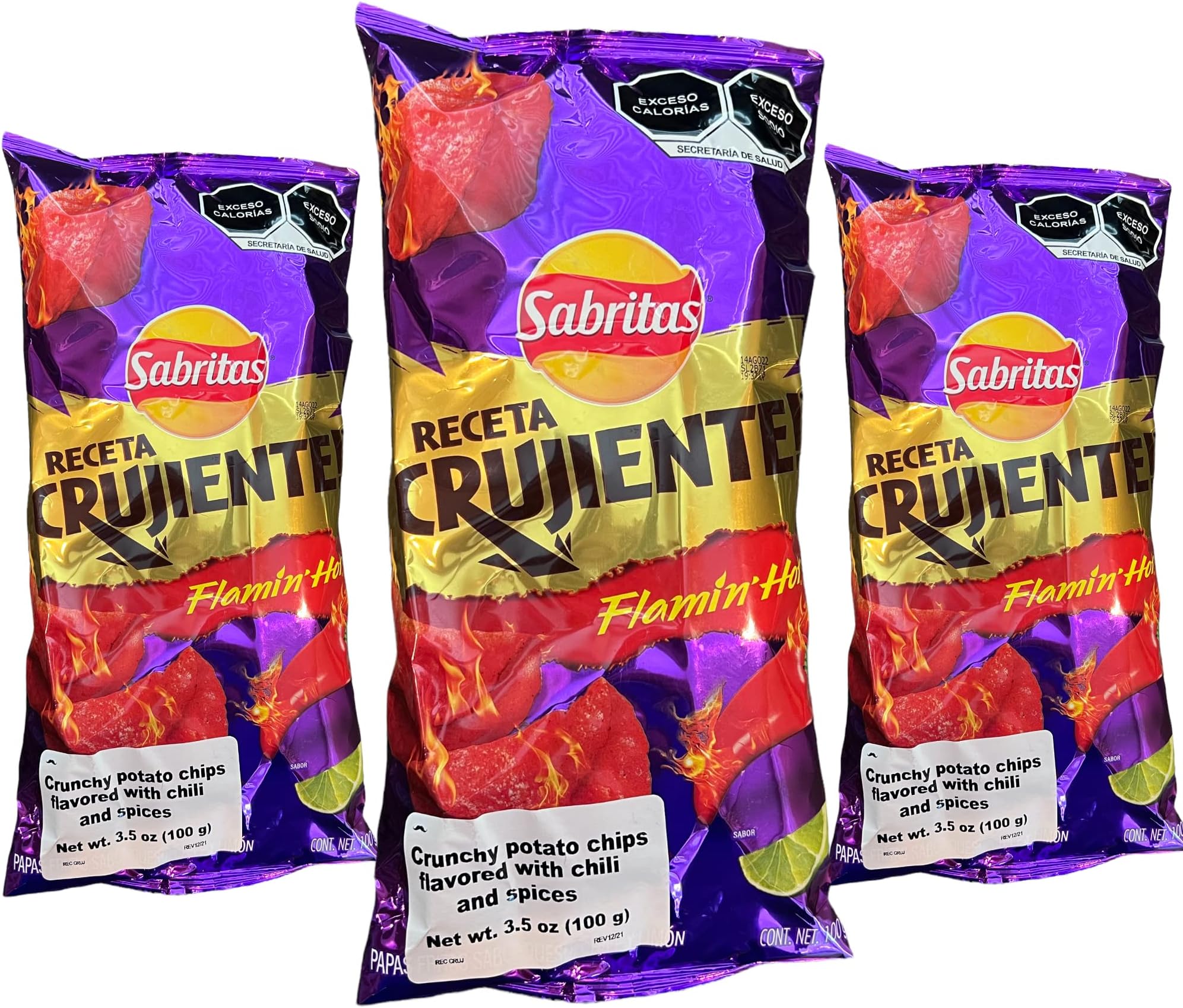 Receta Crujiente Flamin' Hot (3 Pack) 3.5 oz - Mexican Large Chips - Botanas Mexicanas Bolsa Grande