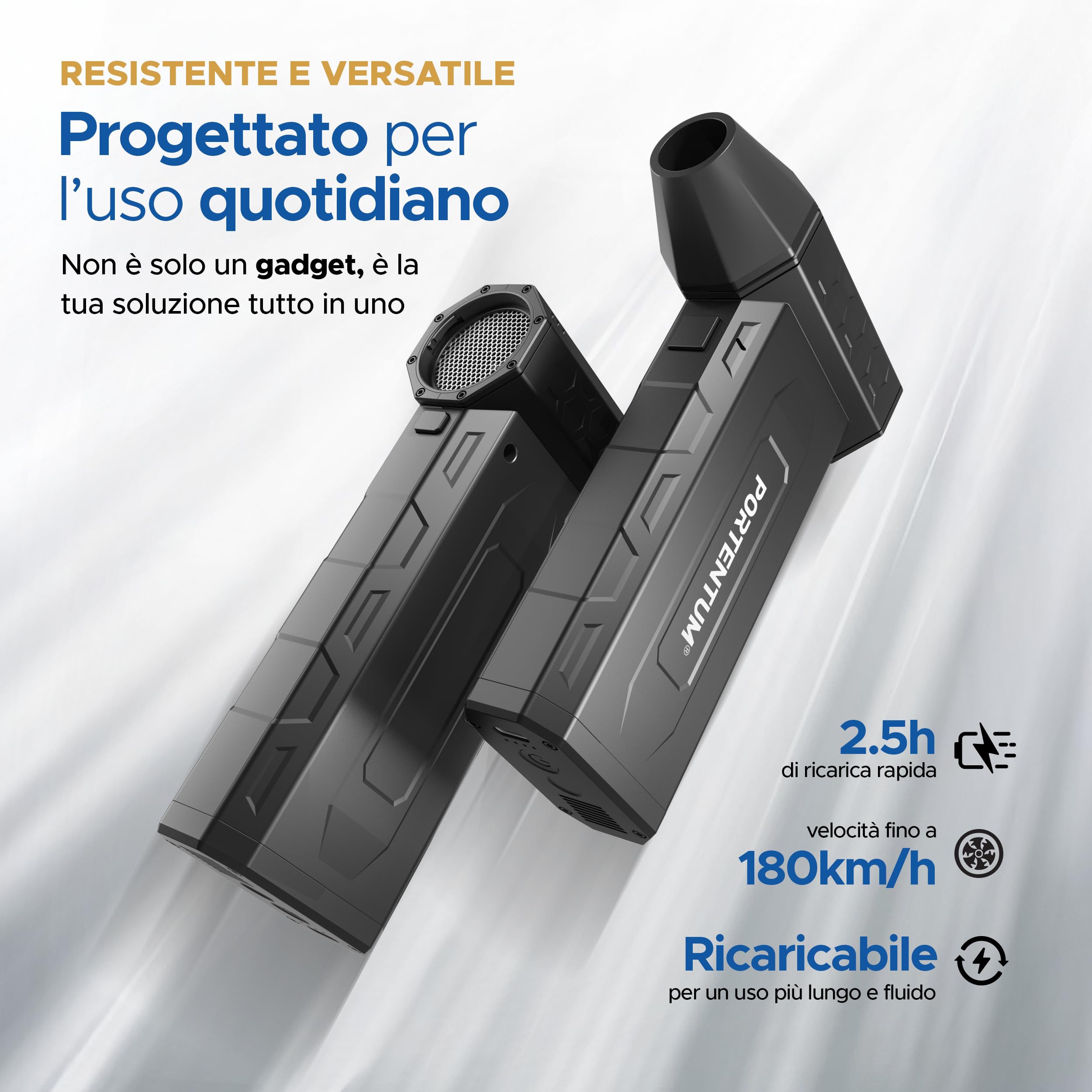 PORTENTUM 3 in 1 Aria compressa elettrico 180 km/h – Aspirapolvere auto 25 kPa – Torcia LED doppia – Set da 25 con 6 ugelli e 13 spazzole – Soffiatore a batteria fino a 115 min