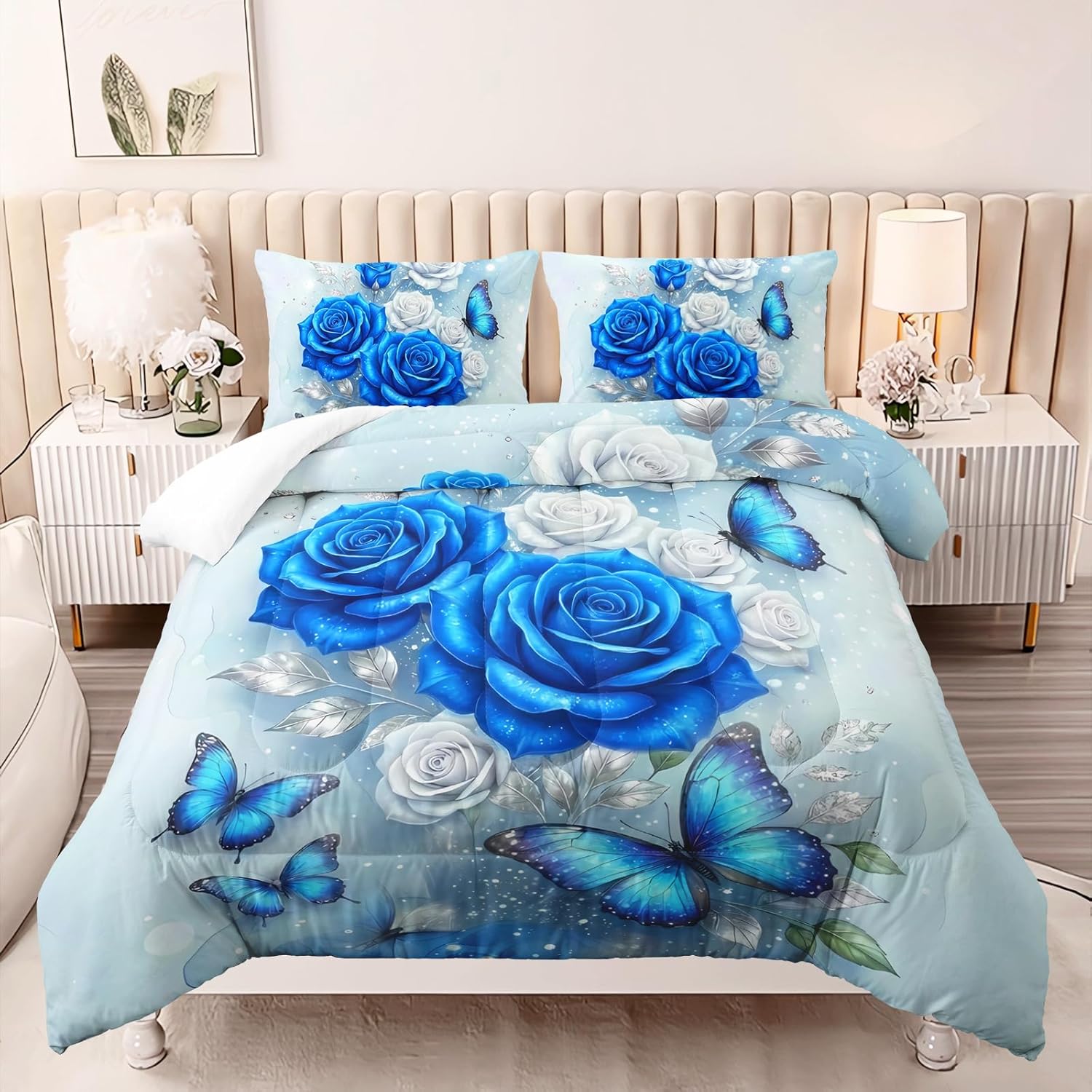 AILONEN Floral Butterfly Comforter Set Queen Size - Blue White Flower Bedding Set with 2 Pillowcases - Soft Microfiber All Season for Room Decor,3Pcs