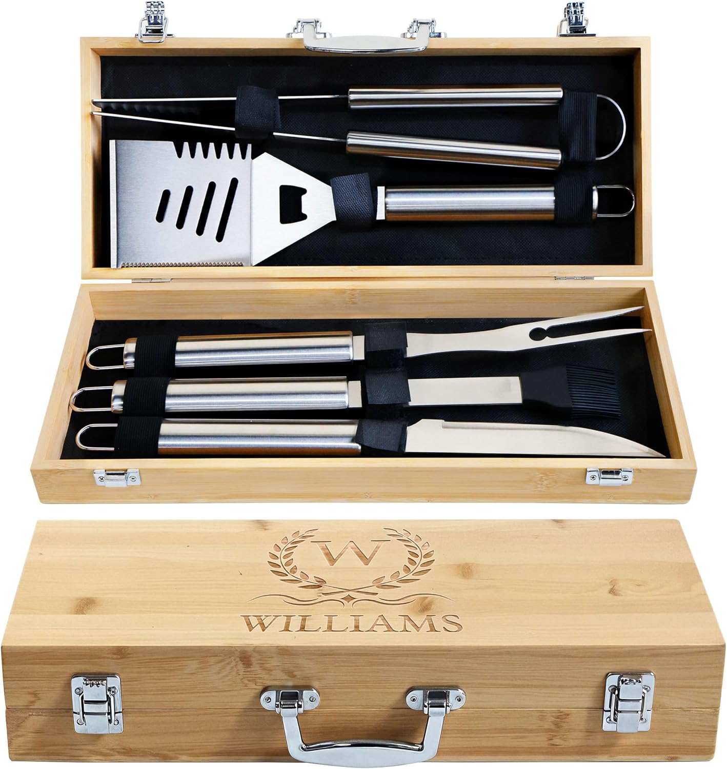 Custom Engraved Monogram Name Initial Icon BBQ Accessories Grill Tools Set with Wooden Storage Case 5 Piece Kit with Stainless Steel Tongs, Spatula, Fork, Basting Brush, & Knife Gift for Men (SS)