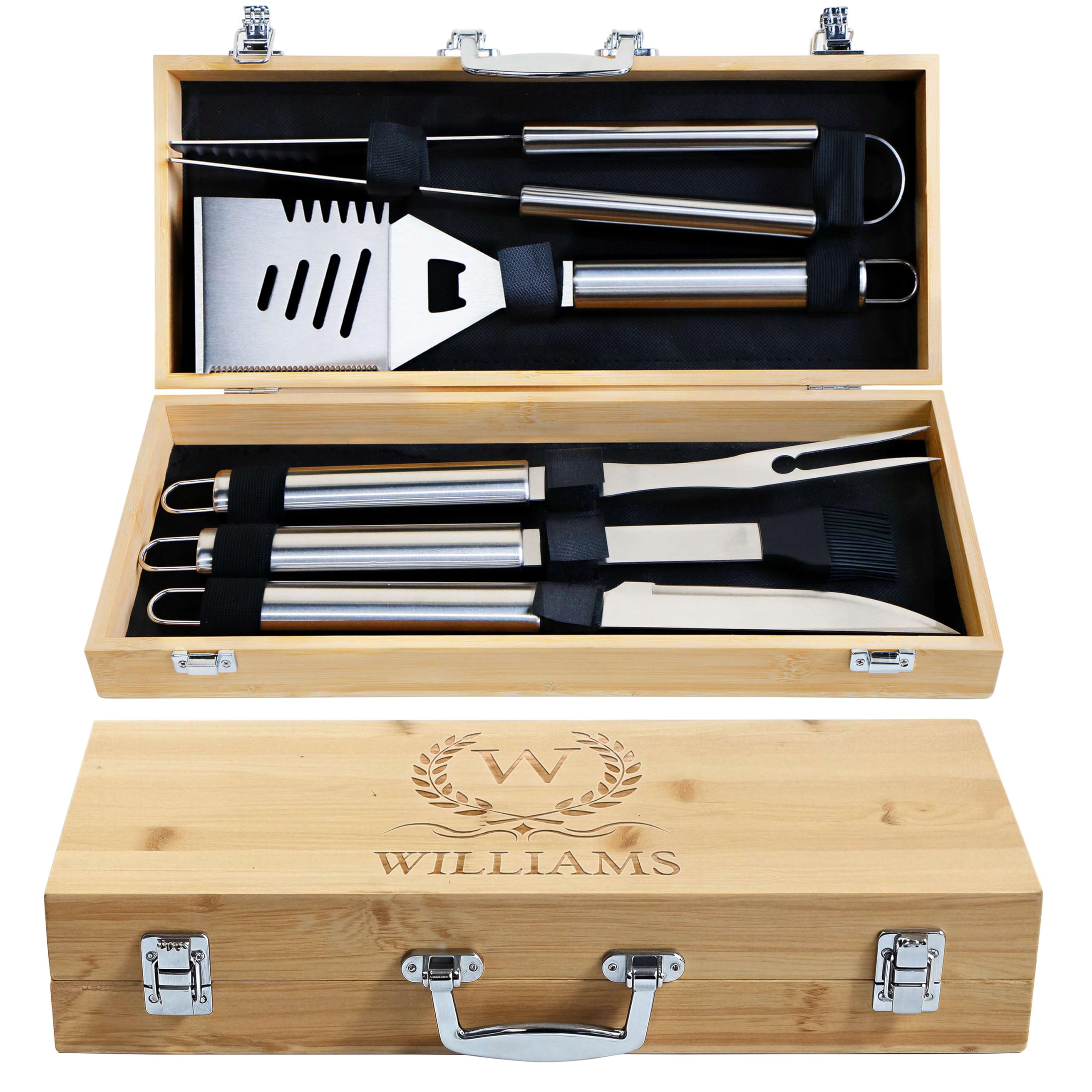 Custom Engraved Monogram Icon BBQ Grill Tools Set, Wooden Case (SS)
