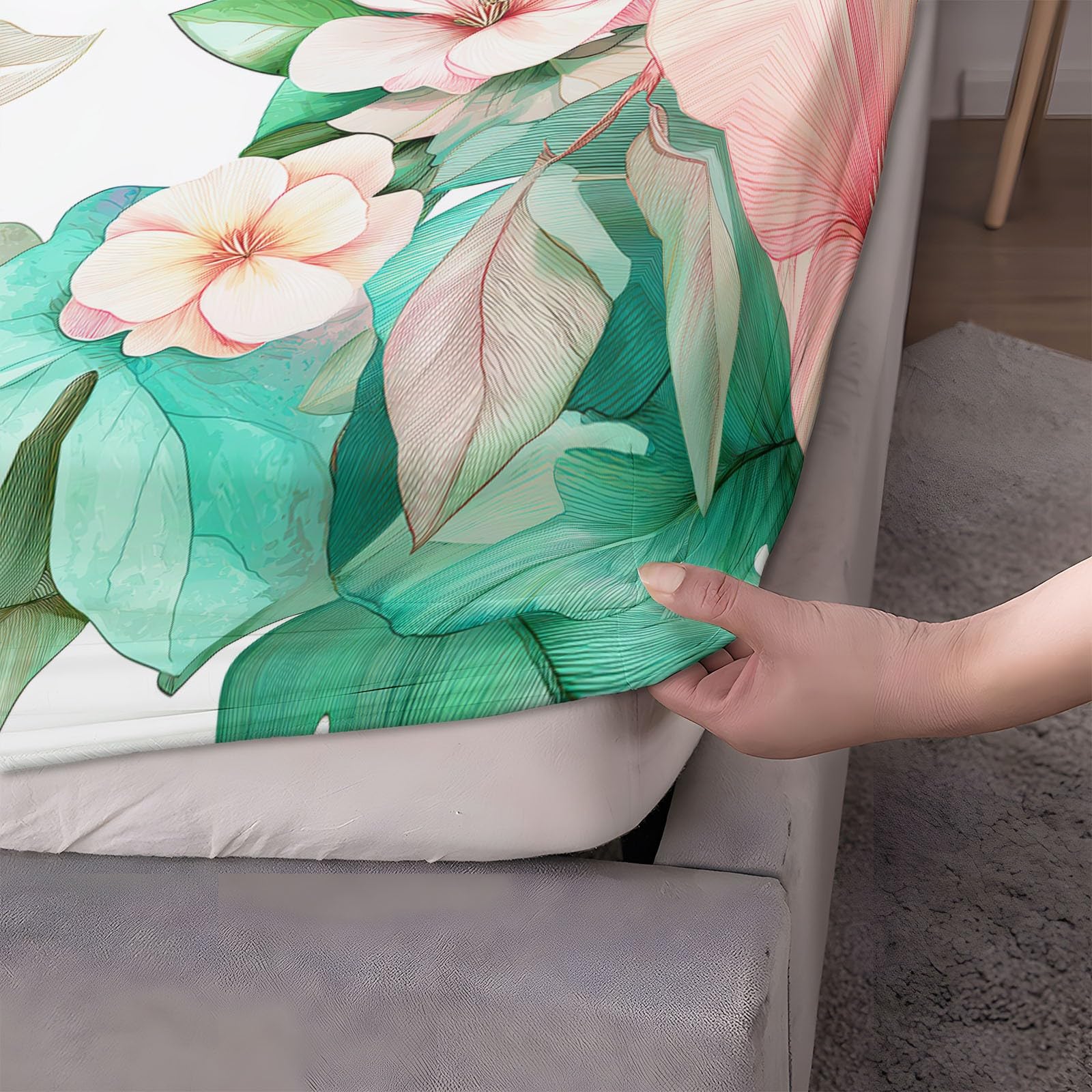 90 x 190 cm, niebiesko-białe prześcieradło z gumką, kwiaty magnolia liście Monstera, miękka czapka z mikrofibry 30 cm, 2-osobowy materac z mikrofibry, bardzo miękki i oddychający z gumką dookoła