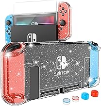 HEYSTOP Capa compatível com Nintendo Switch, capa protetora de policarbonato acoplável para Nintendo Switch com protetor de tela e 4 tampas de polegar (glitter transparente)