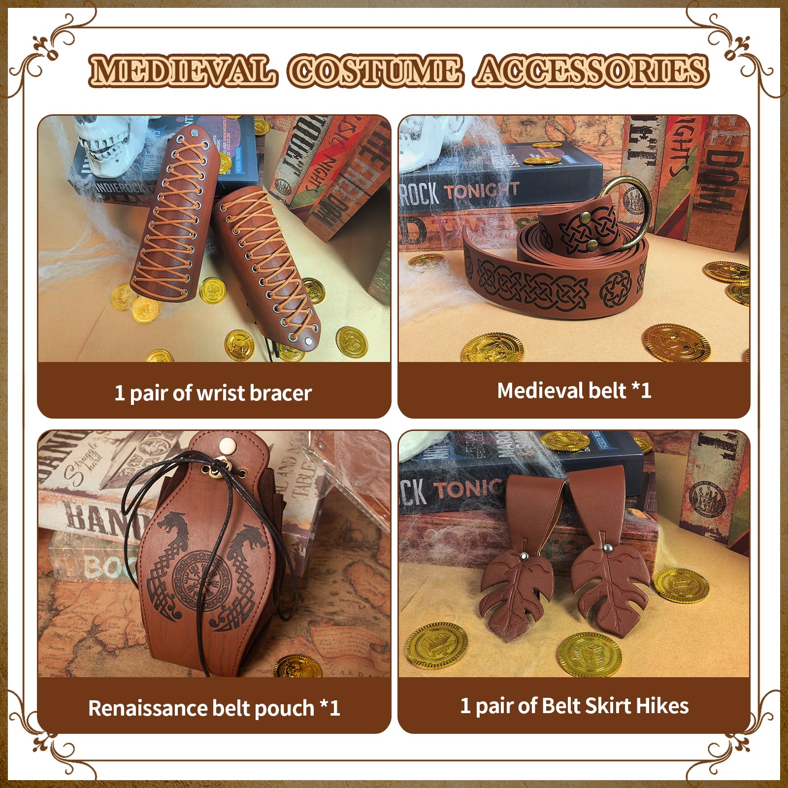 LLTTEER Set di accessori medievali per Halloween, con fascia medievale, fascia medievale, cintura vintage per cosplay, costume da strega e cavalieri rinascimentale (Marrone)