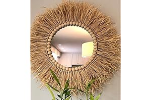 Round Shape Raffia Mirror With Unfinished Wood bead, Gift, Boho Decor, Wall...