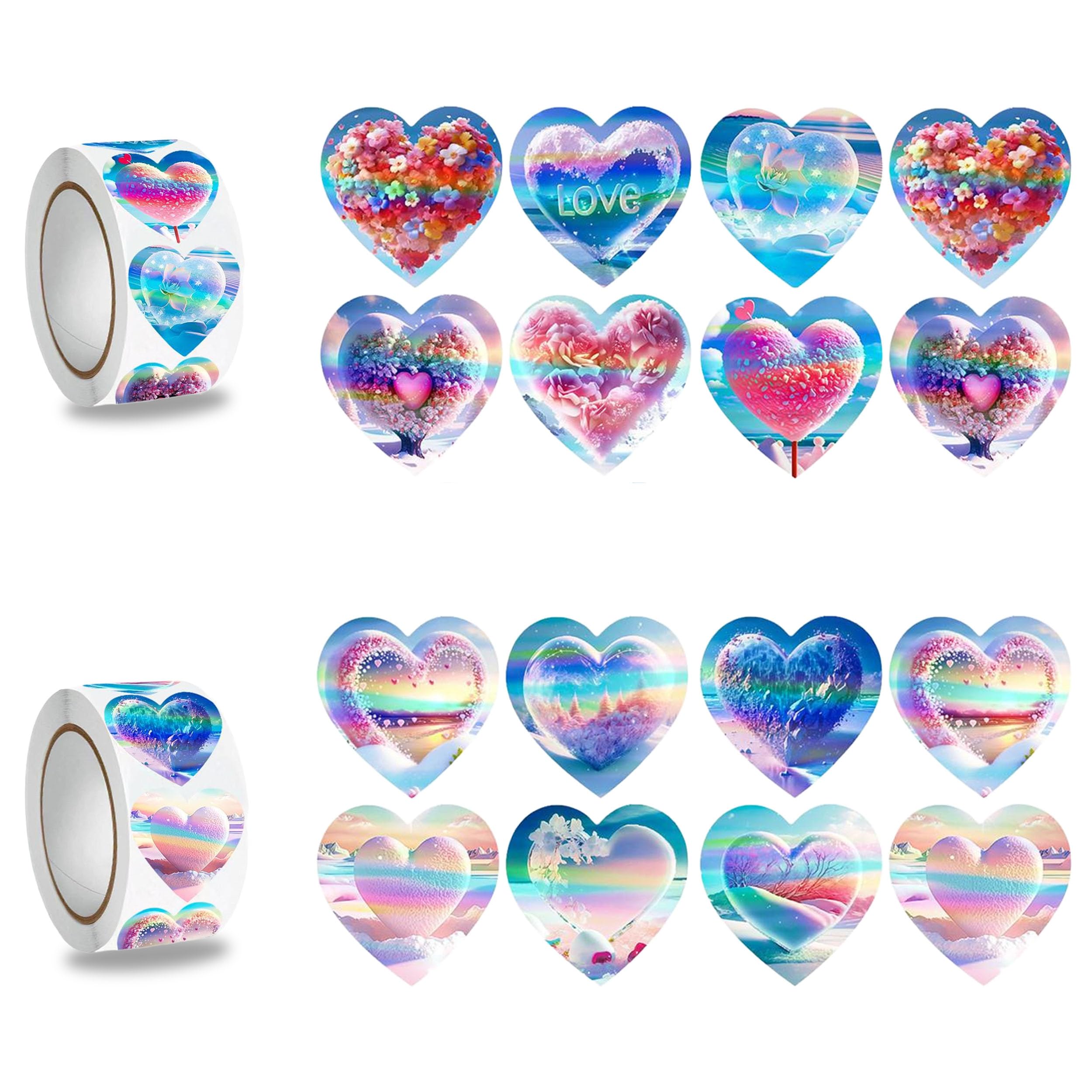 Holographic Heart Stickers with Floral Rainbow Ocean Designs for Scrapbook Gift Wrapping - 400PCS 1 Inch Colourful Love Stickers for Envelope Sealing Invitations Greeting Cards DIY Craft Projects