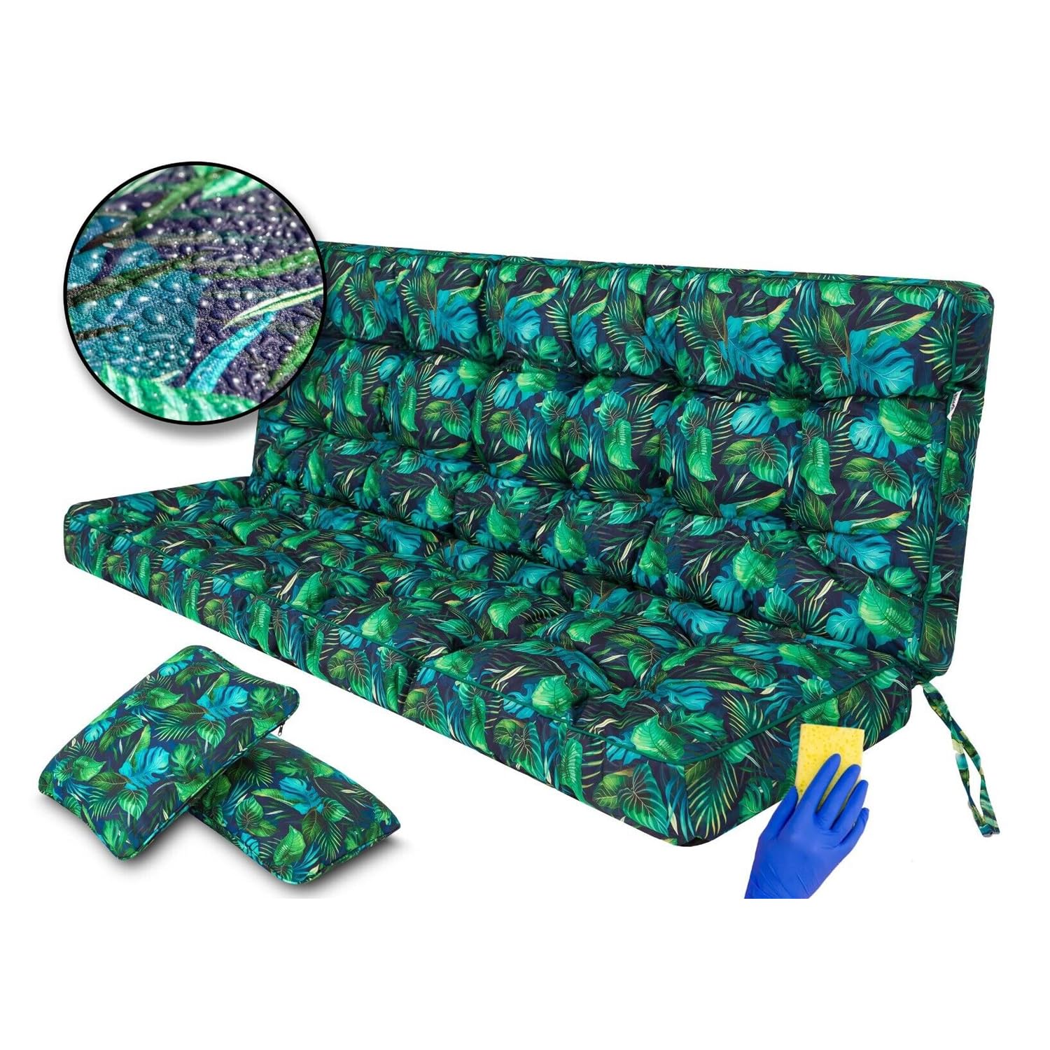 Hollywoodschaukel Auflage Pola, Sitzkissen für Gartenschaukel, 100–180 cm, mit 2 Kissen (Blaue BLÄTTER, 180 cm)
