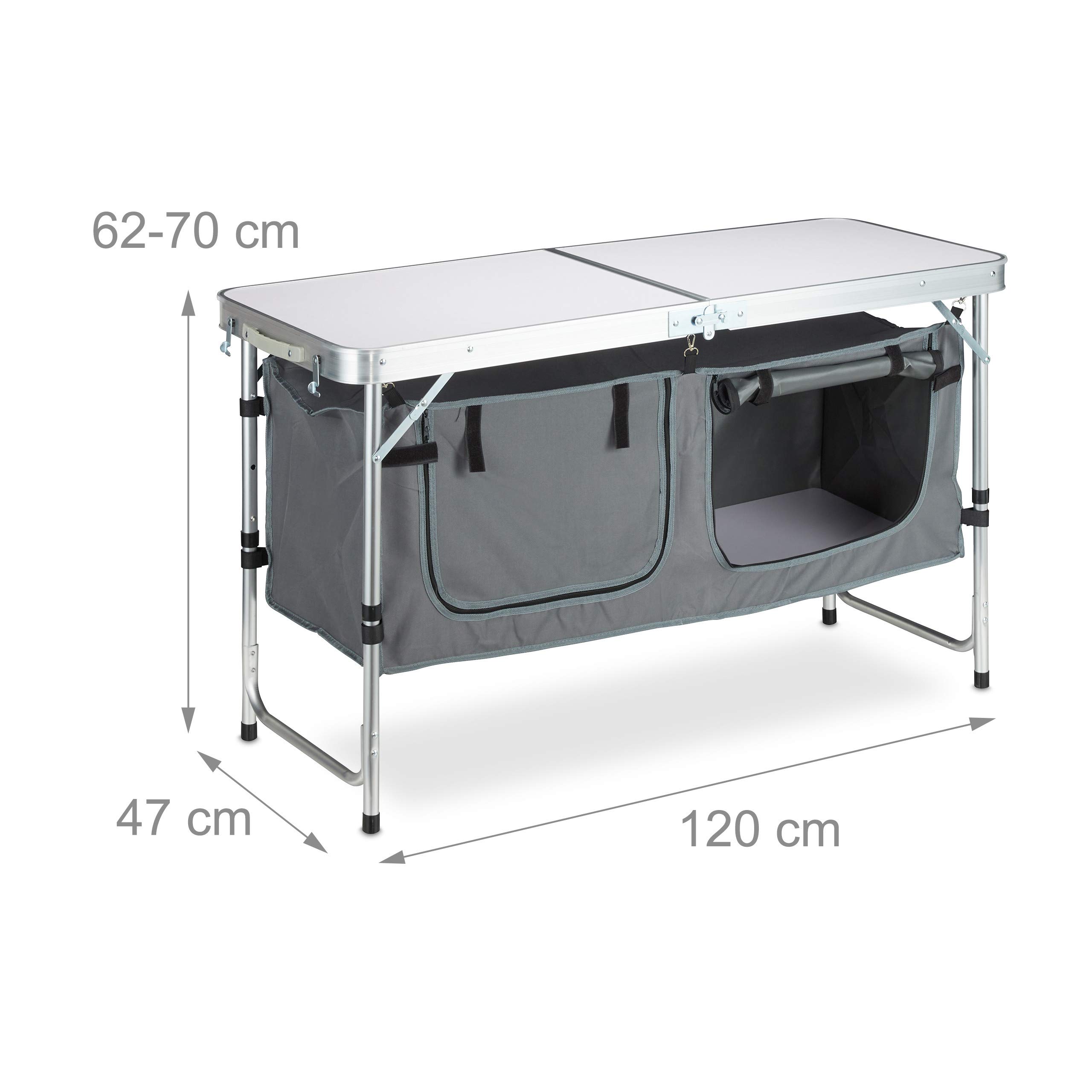 Relaxdays Campingtisch klappbar, höhenverstellbar, stabil, Campingschrank, Aluminium & MDF, BxT 120 x 47 cm, Silber/weiß