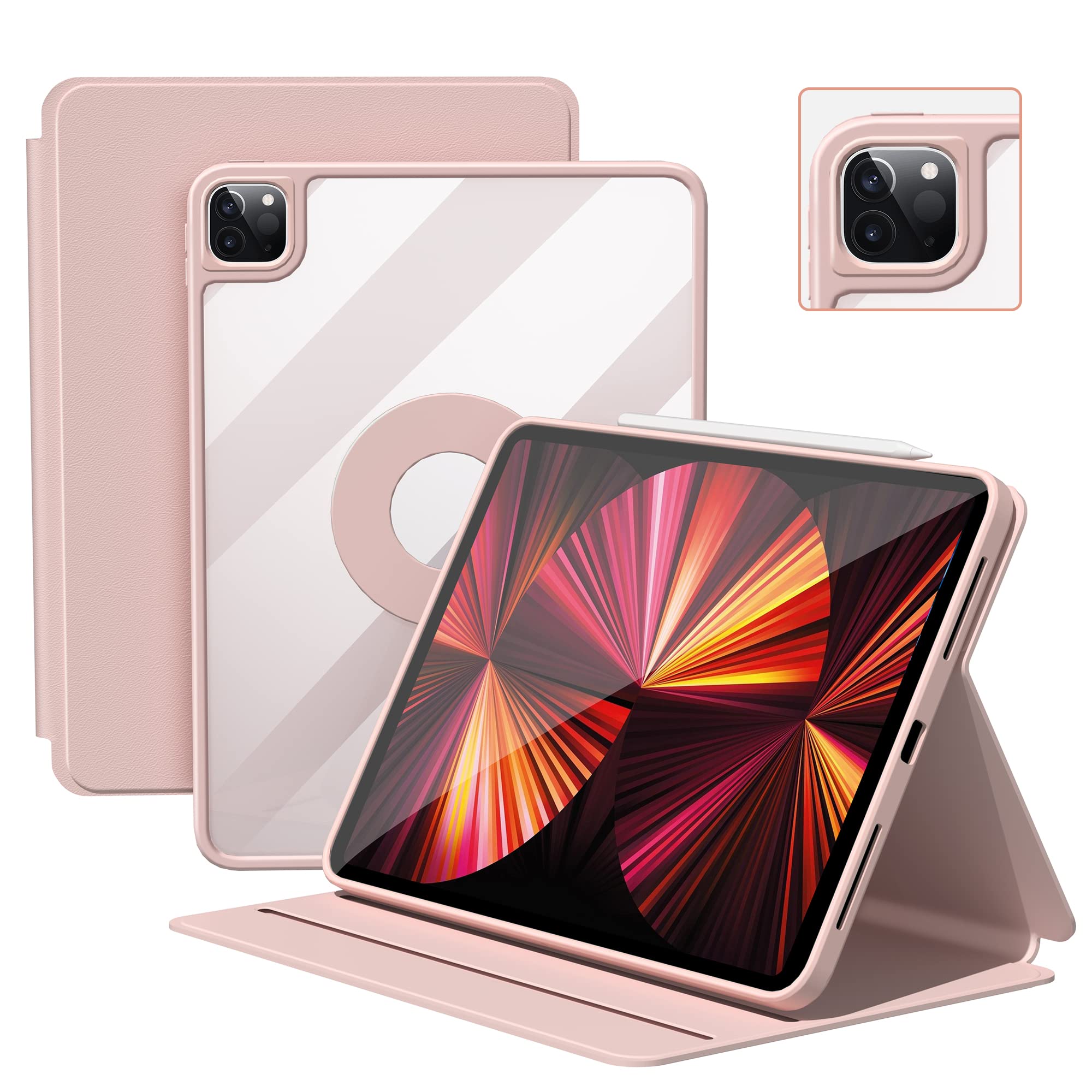 Photo 1 of OYEEICE Hybrid Case for iPad Pro 11 inch 4th /3rd / 2nd / 1st Generation(2022/2021/2020/2018), Magnetic Detachable Rotatable Cover with PU Leather, Anti-Fingerprint, Support Pencil 2, Pink Front Support Rotate 360 ° - Pink Pro 11" 1st/2nd/3rd Gen