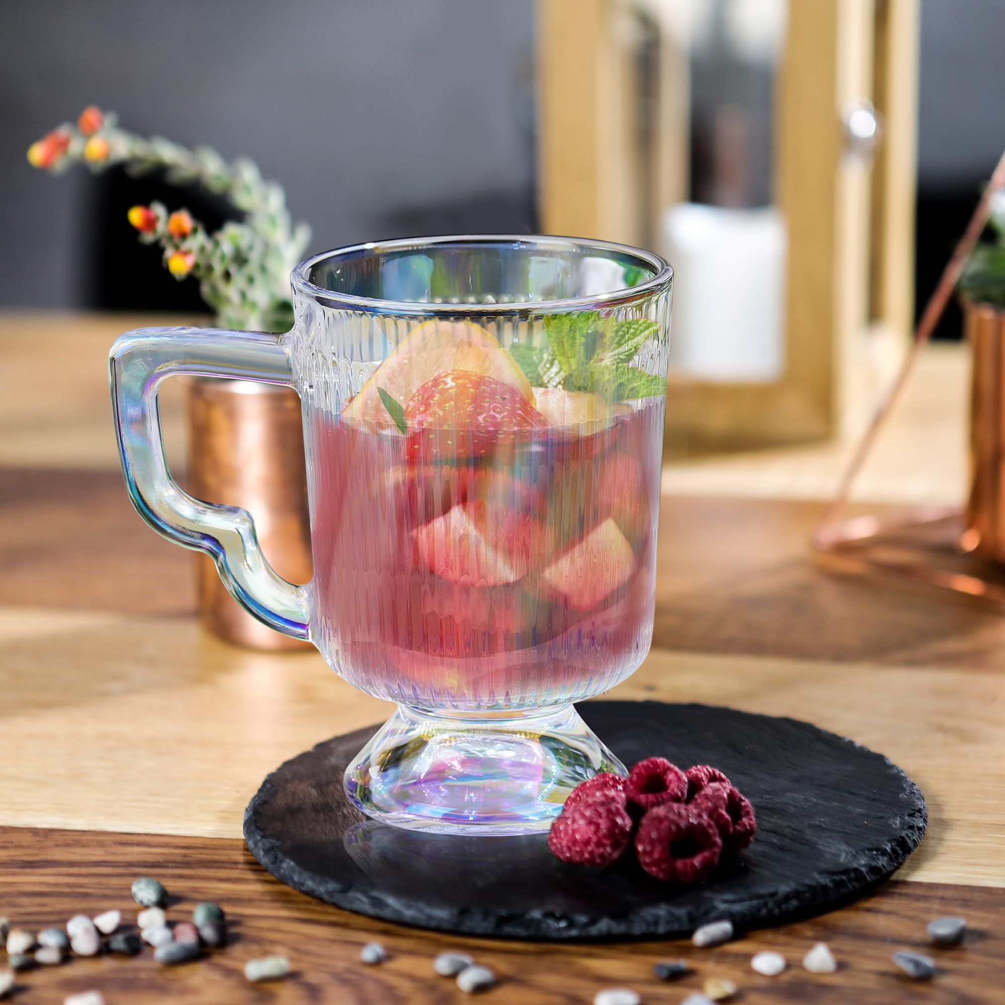 Joeyan 370 ml iriserende drinkglazen, set van 4 waterglazen met bloemenreliëf, romantische gekleurde glazen bekers voor water, sap, cocktail, dranken