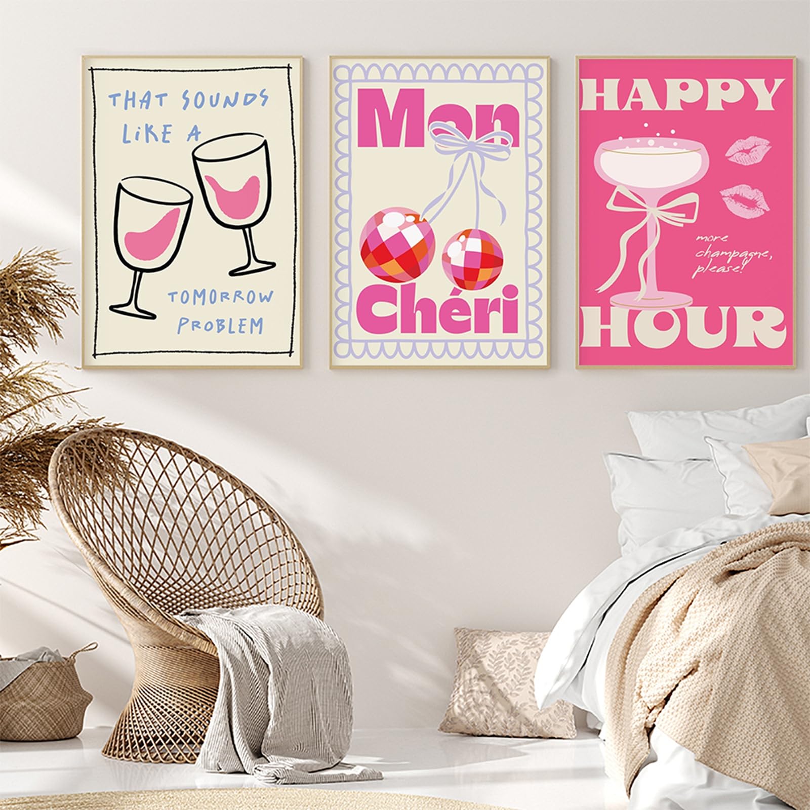 ZBELLO Set of 3 Posters, Colourful Food Art, Disco Ball French Fries Cocktail Pasta Club Canvas Print Posters, Stylish Images for Kitchen, Living Room and Home Decor, Unframed (A,21x30cm)