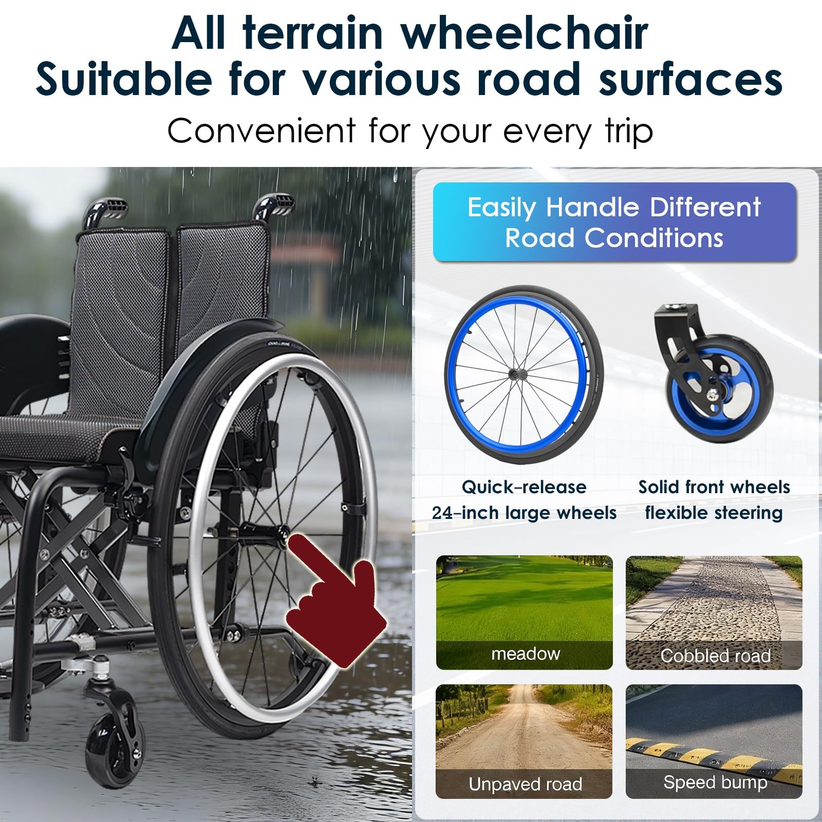 Silla de ruedas manual ligera, silla de ruedas deportiva ultraligera portátil todo terreno, silla de ruedas plegable, sillas de ruedas de transporte con antivuelco(Black A,38cm/15in)
