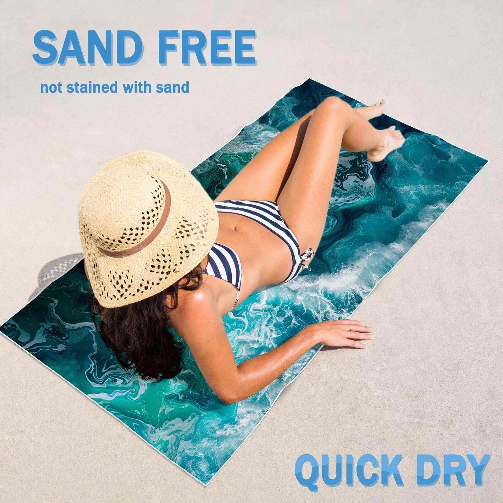XXL Strandtuch 2er Set 100x220cm Türkis Mikrofaser Handtuch Weiches & Leichtes, Schnelltrocknend & Sandfrei, für Strand，Schwimmbad，Badetuch Groß，Reisehandtuch (Wellen) YJ-732