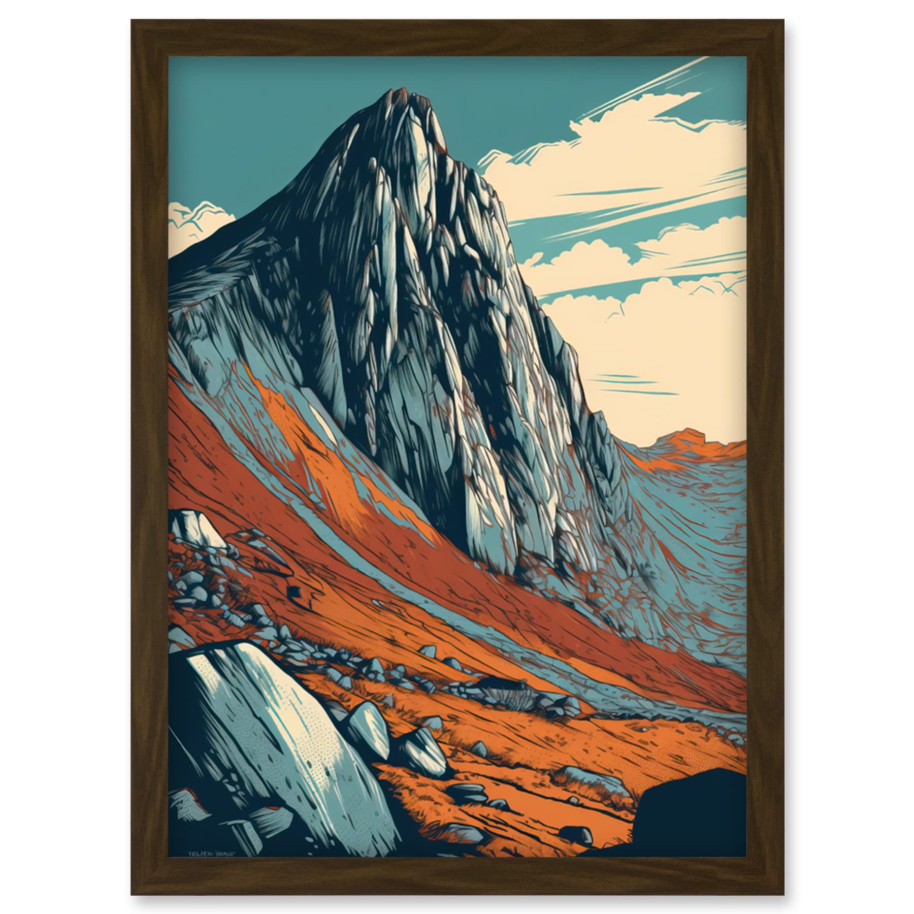 Tryfan Mountain Peak Landscape Teal Brown Linocut Artwork - Framed Wall Art Print A4