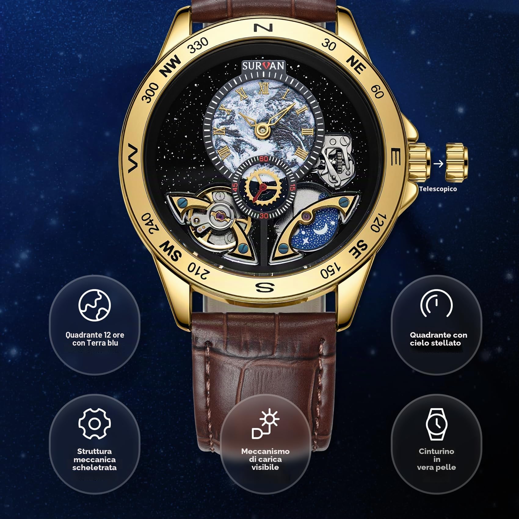 Orologio Automatico Meccanico da Uomo Scheletrato,Quadrante con Mappa del Mondo, Cassa in Acciaio Placcata Oro 18K, Vetro Zaffiro, Cinturino in Pelle Vera, Eleganza