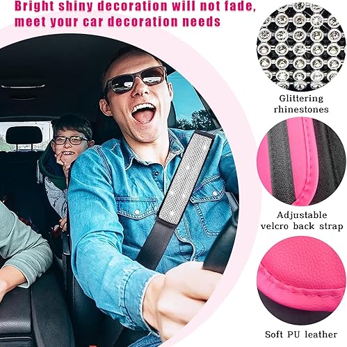 Miniatura 10 de Kewucn Almohadillas de hombro para cinturón de seguridad de automóvil, fundas de cuero sintético con diamantes de imitación y anillo de botón de