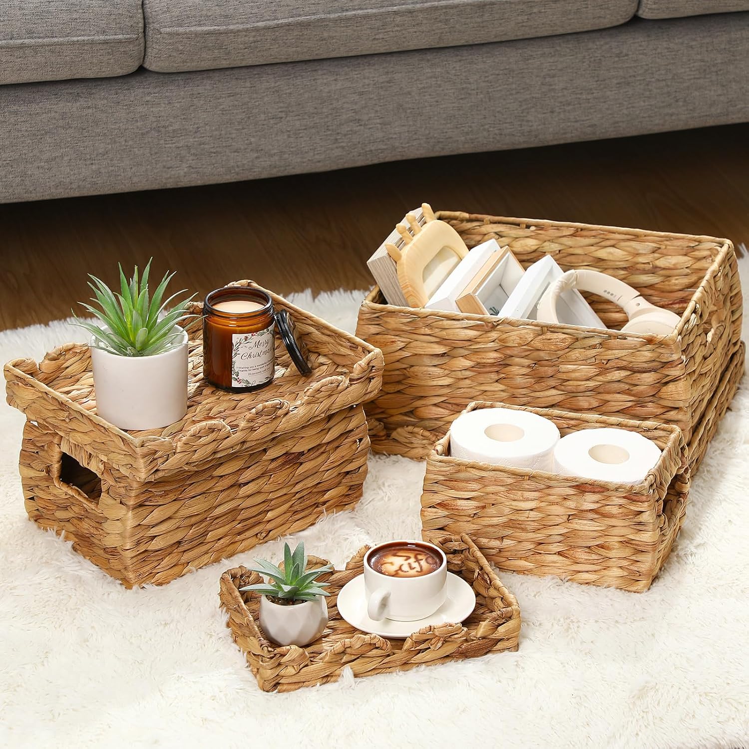 Set of 3 Wicker Storage Baskets with Lids Handwoven Natural Water Hyacinth Decorative Box Multifunctional Rattan Storage Organizer Box Scalloped Basket Set for Nursery, Clothes, Toys, Books