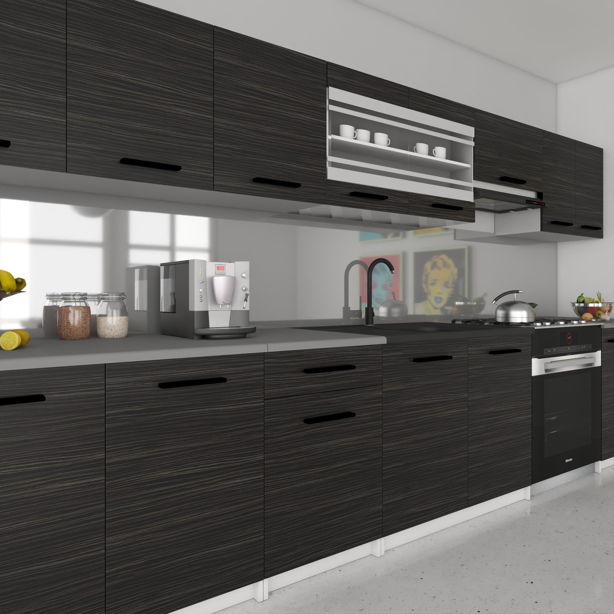 Belini Italia 3 Liniowa szafka kuchenna 320cm Heban | ECONATURA DECOR Liniowa szafka kuchenna, szafka, bez sprzętu AGD, z blatem roboczym
