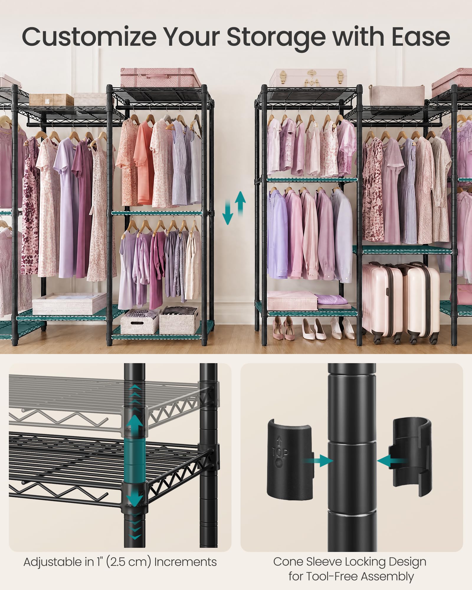SONGMICS Appendiabiti resistente, portatile, larghezza 140 cm, con ripiani in rete regolabili e aste appendiabiti, nero inchiostro ULGR432B01