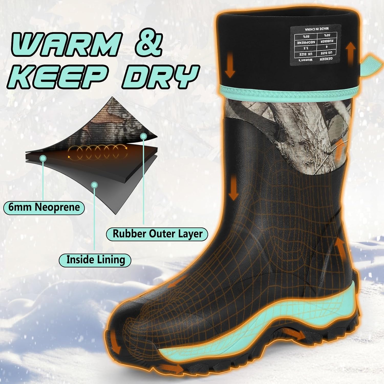 Kalkal Rubber Boots for Women, Insulated Waterproof Womens Hunting Boots, 6mm Neoprene Camo Hunting Boot Tall Rain Boots for Women Mud Working Gardening Farming - Image 3