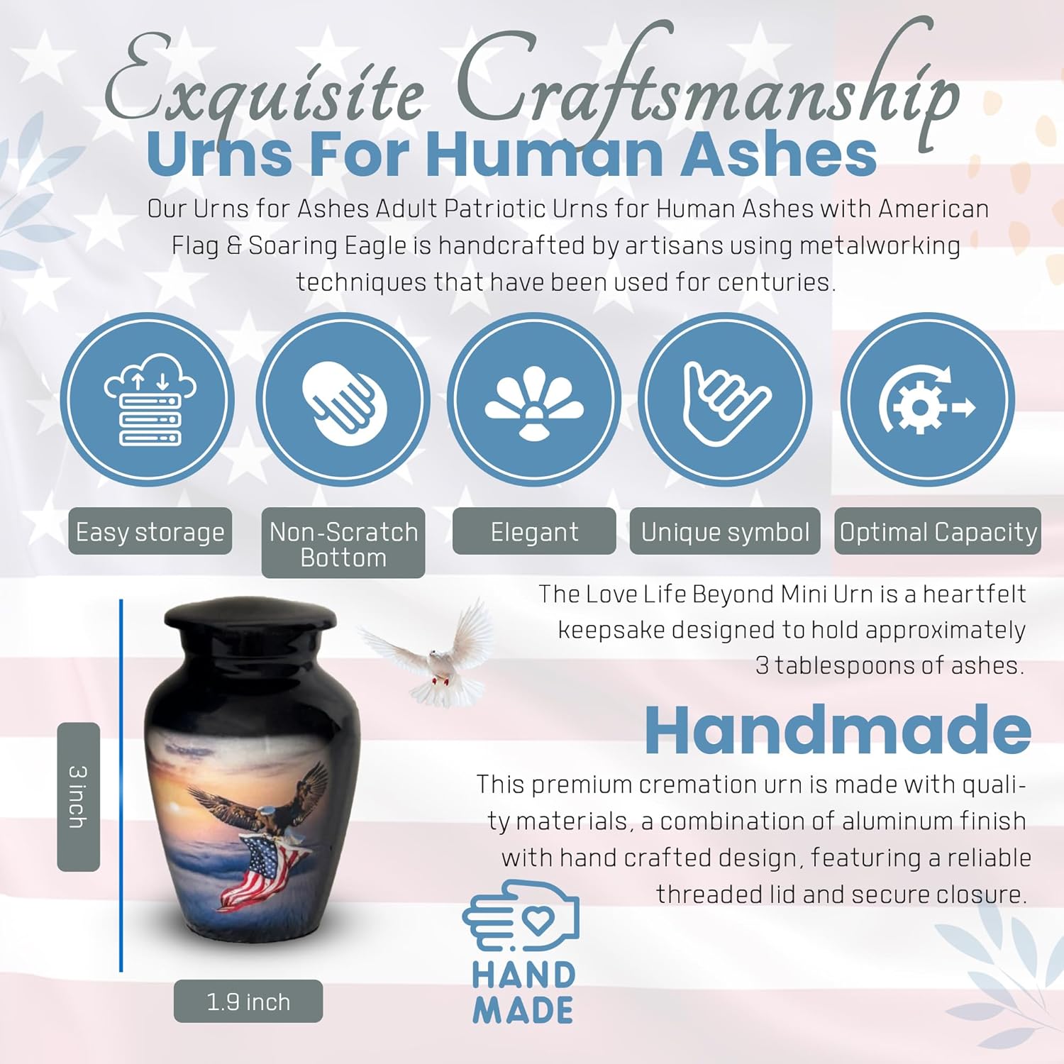 Small American Flag Eagle Cremation Urns for Human Ashes Adult Male & Female Patriotic Urns for Funeral Burial Memorial Keepsake Urns