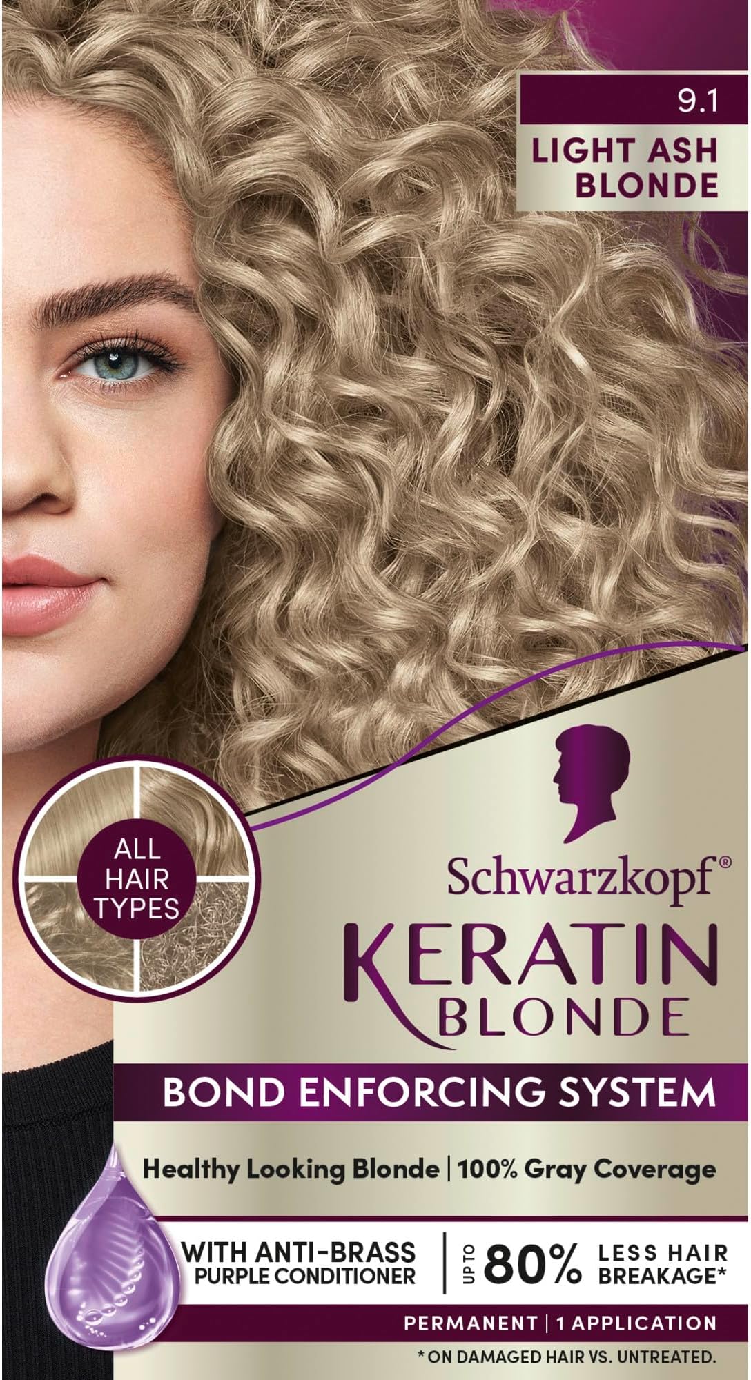 Schwarzkopf Keratin Color Permanent Hair Color Cream, 9.1, Light Ash Blonde, 60ml
