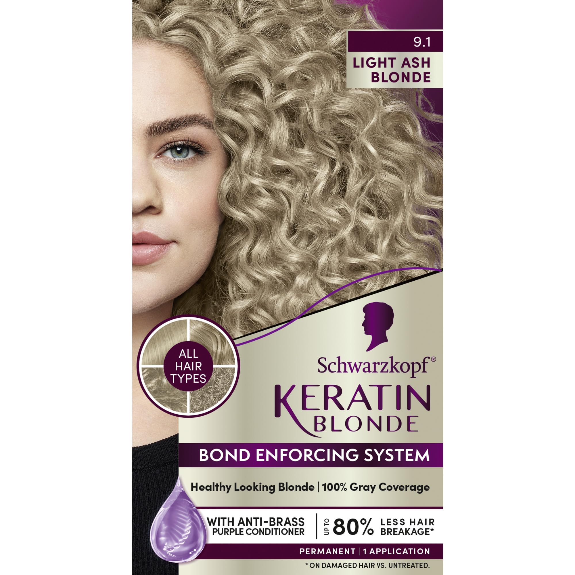 Schwarzkopf Keratin Color Permanent Hair Color Cream, 9.1 Light Ash Blonde, 1 Kit
