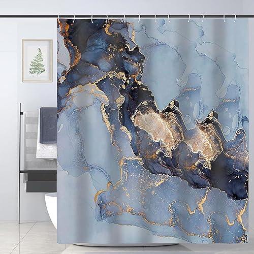 Domoku Cortina de ducha de tela de mármol para decoración de baño, moderna, estándar de lujo, impermeable, lavable, 72 x 78, azul, azul cielo dorado