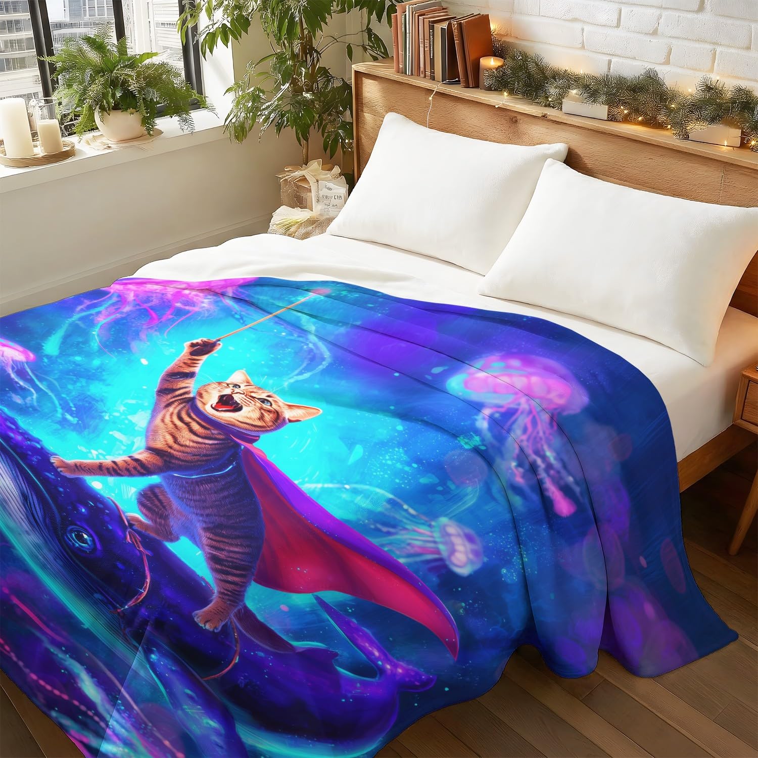 Generisch Koc magicznego kota, puszysty, miękki kot, wieloryb, koc polarowy do salonu, na kanapę lub łóżko, 150 x 180 cm, niebieski, prezent dla dzieci i rodziców