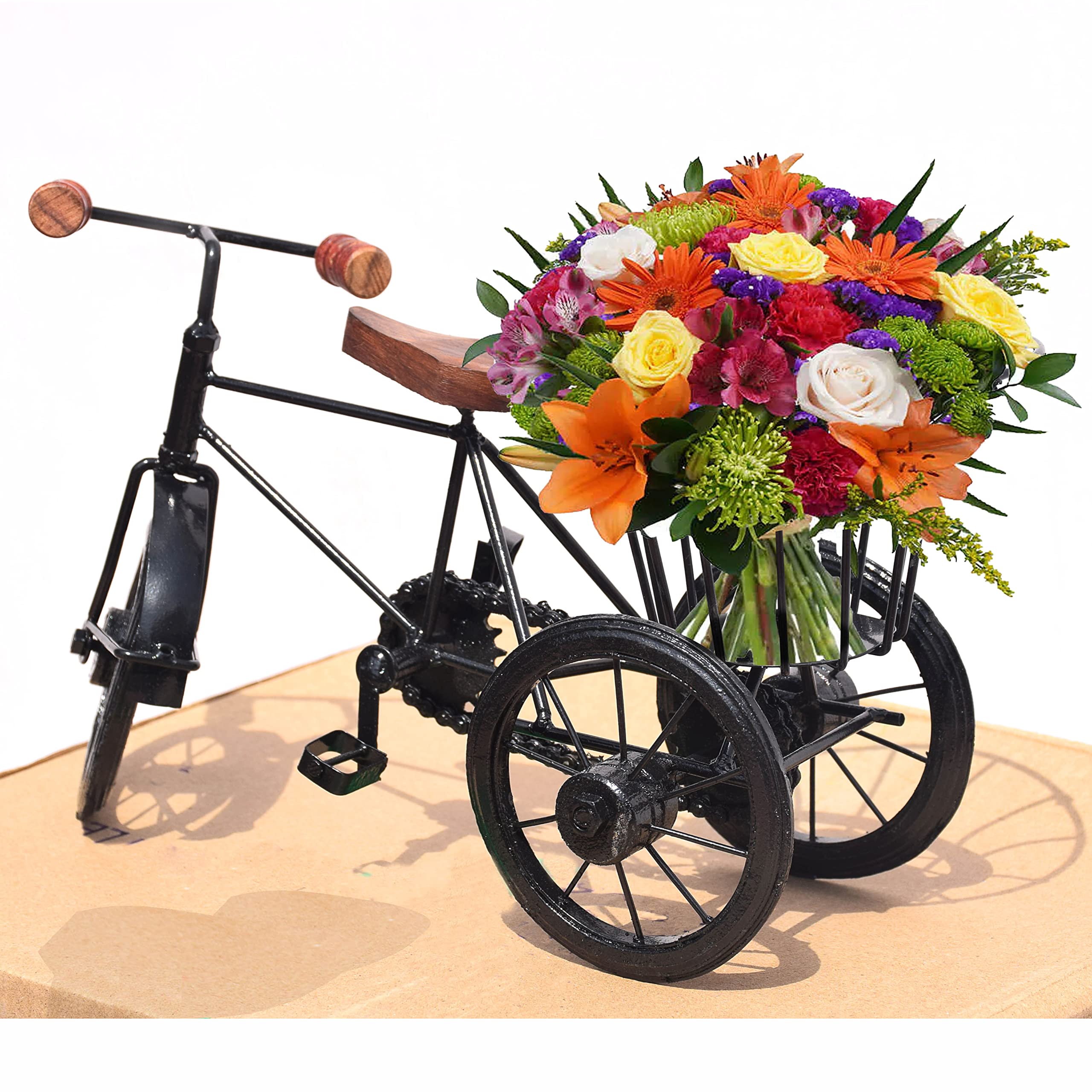 Pure Source India Iron and Wooden Cycle Rickshaw for Flower, Home Decor and Showpiece Kids Toy, Without Flowers (Black-13 X 5.5 X 7.5 INCH)
