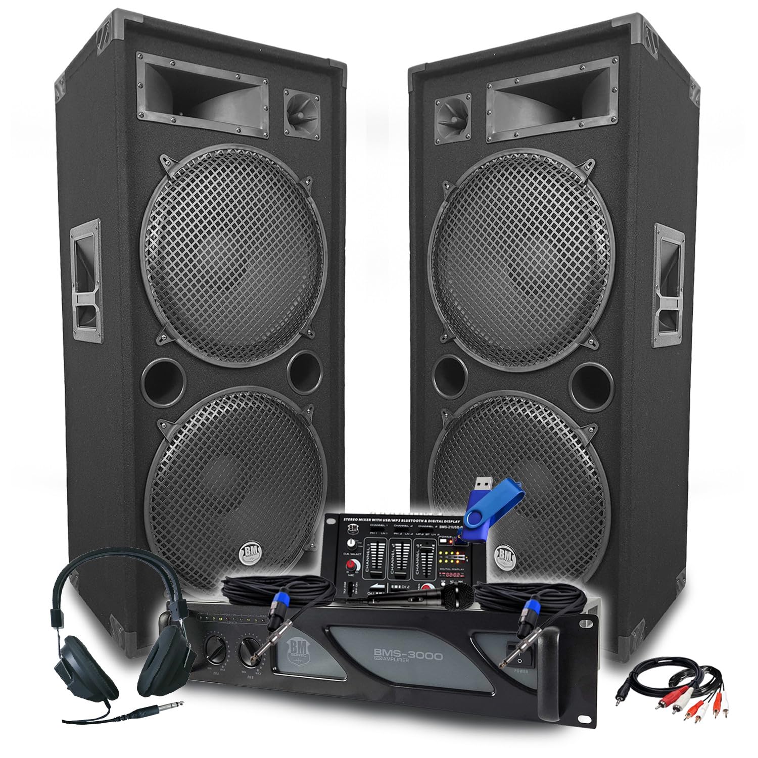 Pack Sono DJ BM Bmsonic Ampli 3000W, Paire d'Enceintes Passives LSC215 2x2000W, Table de Mixage, Casque DJ, Câbles, Micro+Clé 32G