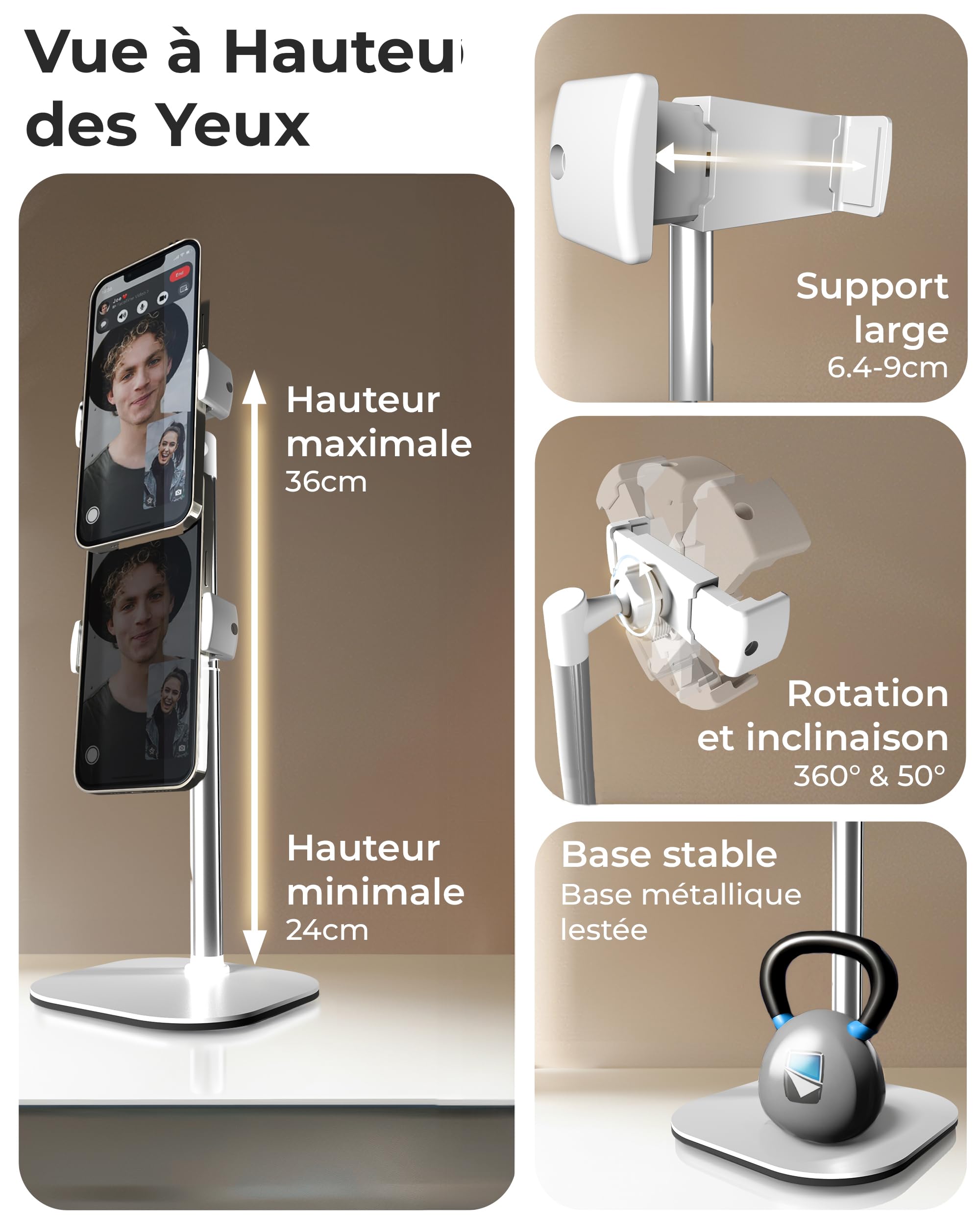COOPER ChatStand 2-Pack - Support de Téléphone Réglable en Hauteur pour Bureau | Rotation, Inclinaison, Support Télescopique 9-13" à Vue Niveau des Yeux pour Bureau (Noir Nuit/Blanc Givré, 2 pièces) - 4