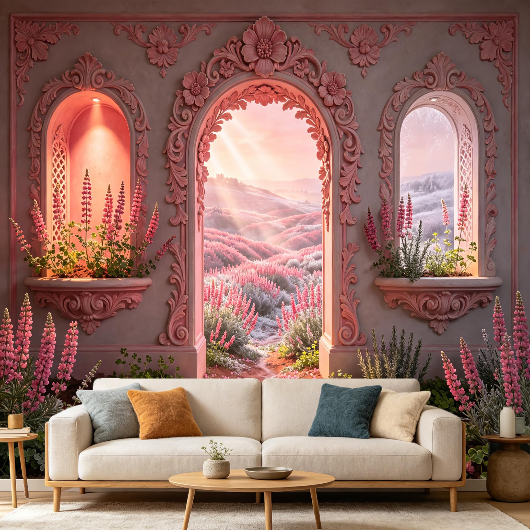 Custom Size Wall Mural， Pink Archway Flower Landscape， Neoclassical Floral Garden View， SelfAdhesive Art Prints wall Fabric Removable Large Wallpaper Home Living Room Decor
