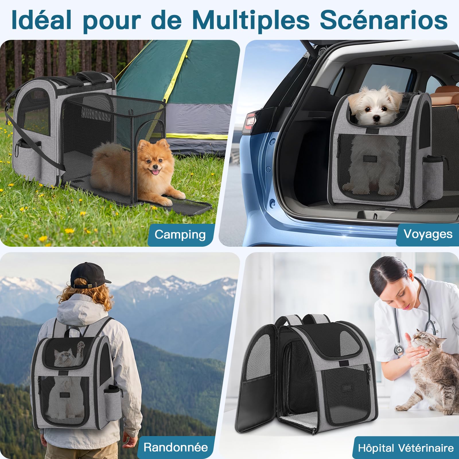Sac à Dos Chat Chien, Extensible Charge Maximale 10kg Sac Transport Chat Chien, Sac a Dos pour Chien Chat avec Fenêtre en Maille, Spacieux Sac Voyage Chat Chien Laisse et Tapis Intégrés - Gris