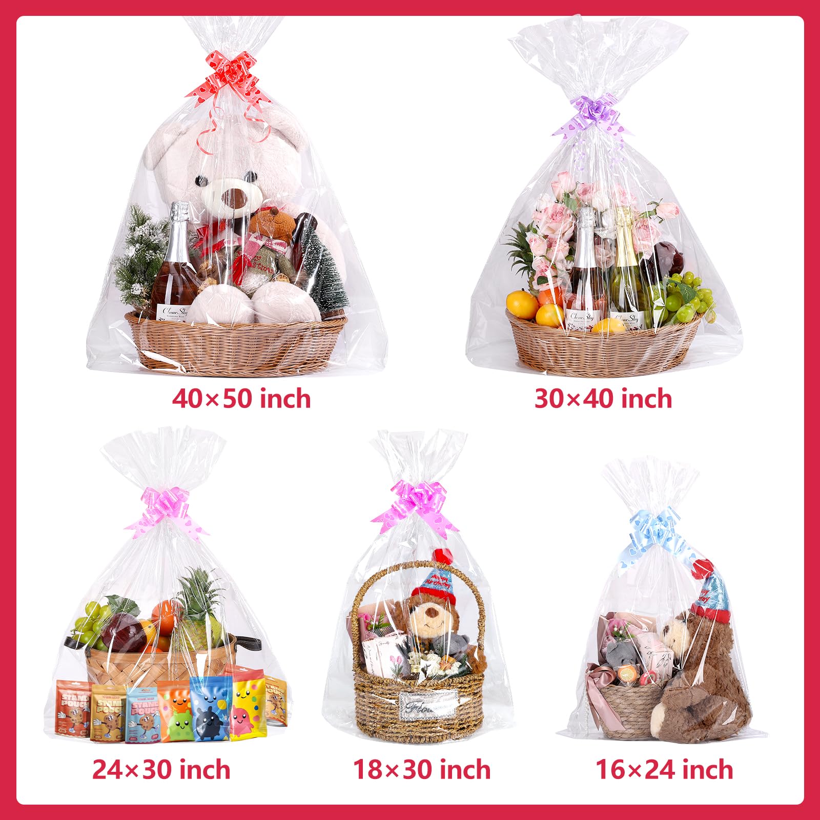 woric 12 Pcs Clear Cellophane Bags 18x30 Inch Cellophane Wrap for Gift Baskets Cello Gift Bags for Graduation Gifts Basket Stuffers Candy Wedding Party Baby Bridal Shower Wine Bottles